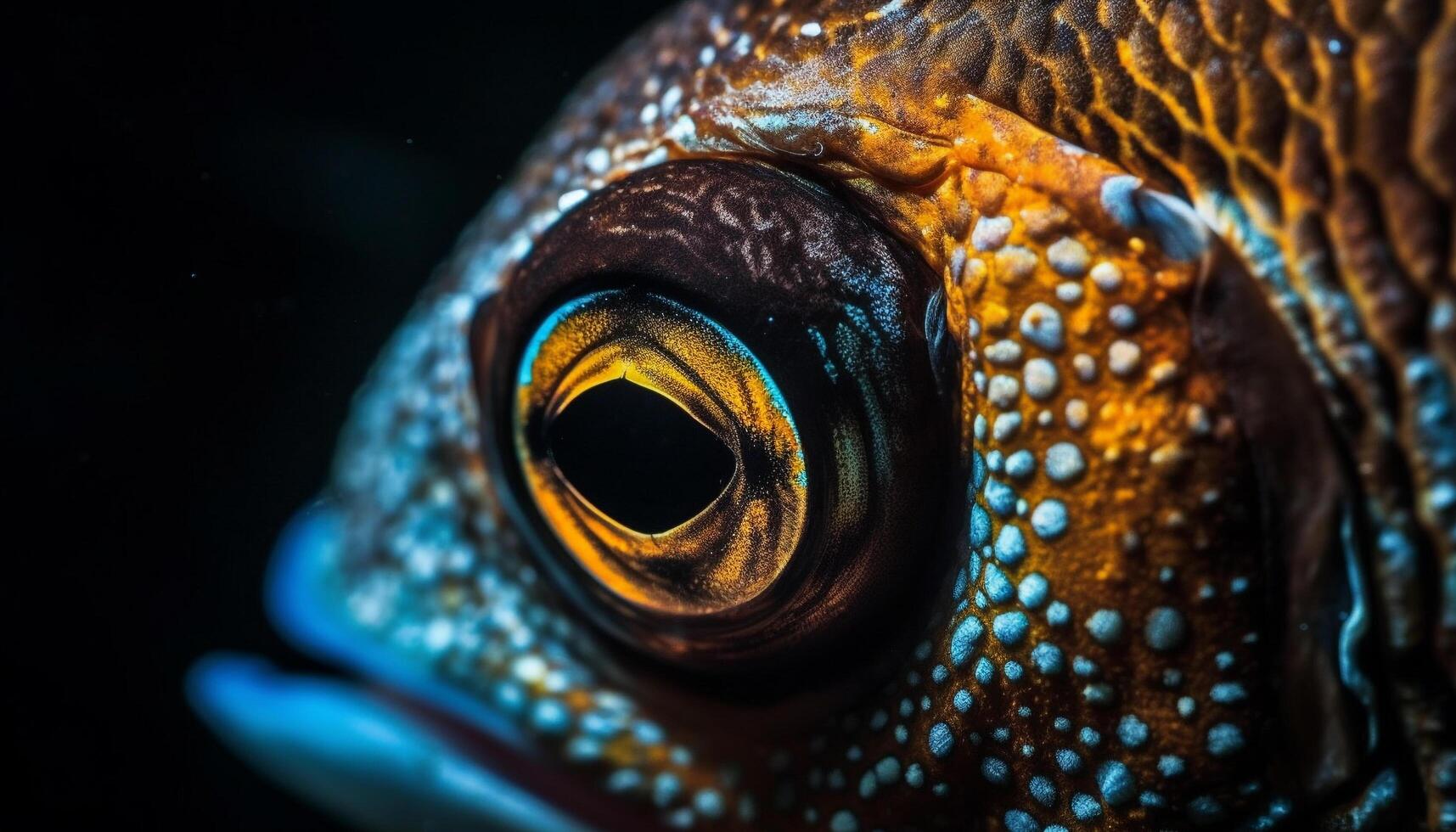 Yellow lizard eye in focus, surrounded by colorful underwater reef generated by AI photo