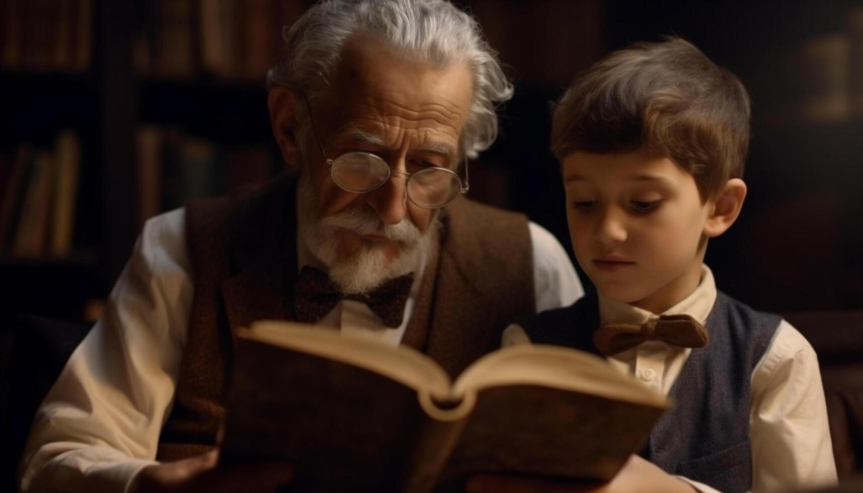 multi Generacion familia estudiando Biblia, unión terminado sabiduría y religión generado por ai foto