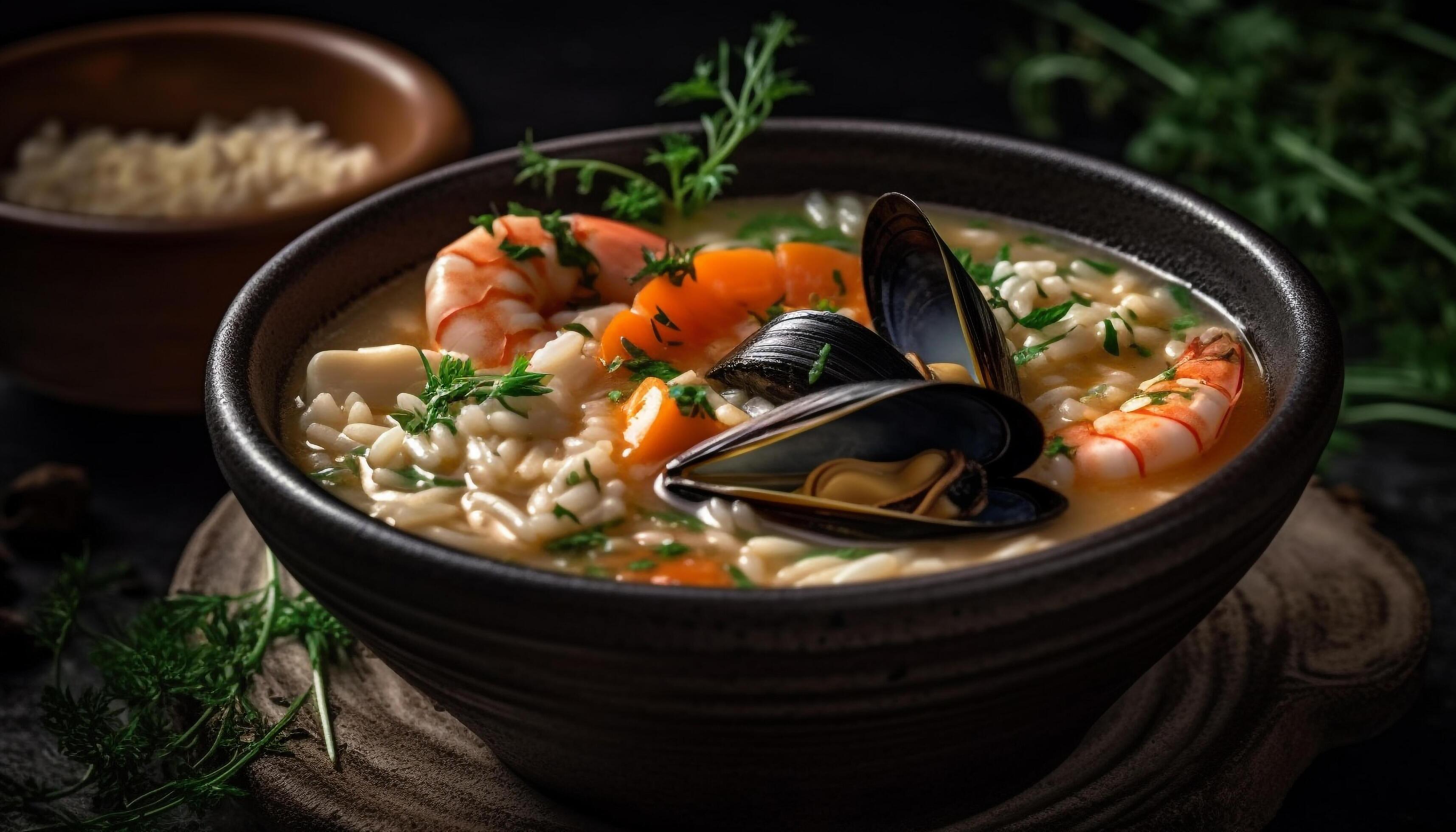 Gourmet seafood soup with prawn, mussel, and scampi cooked perfectly