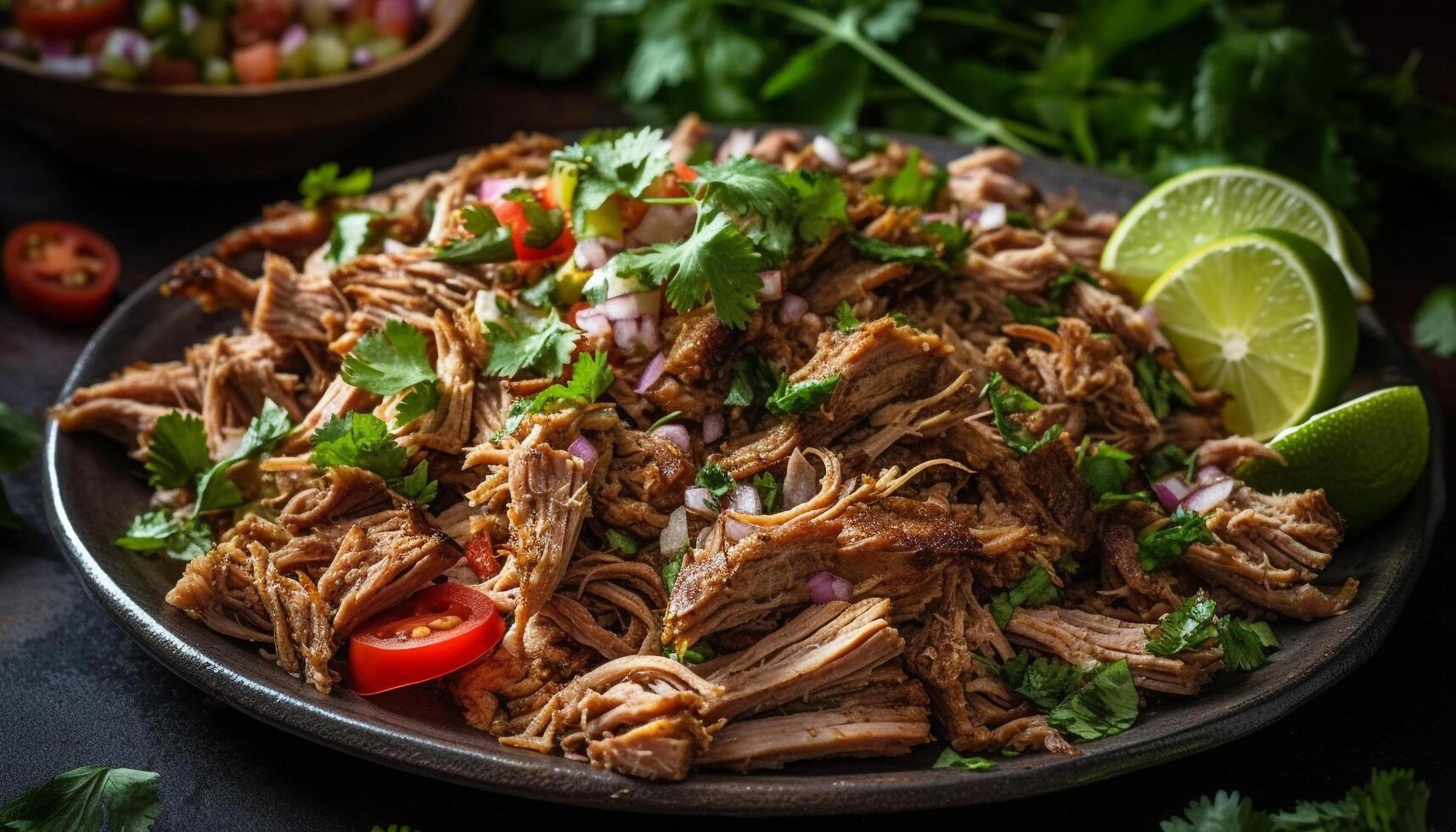 Grilled steak and seafood taco with fresh cilantro and lime generated by AI photo