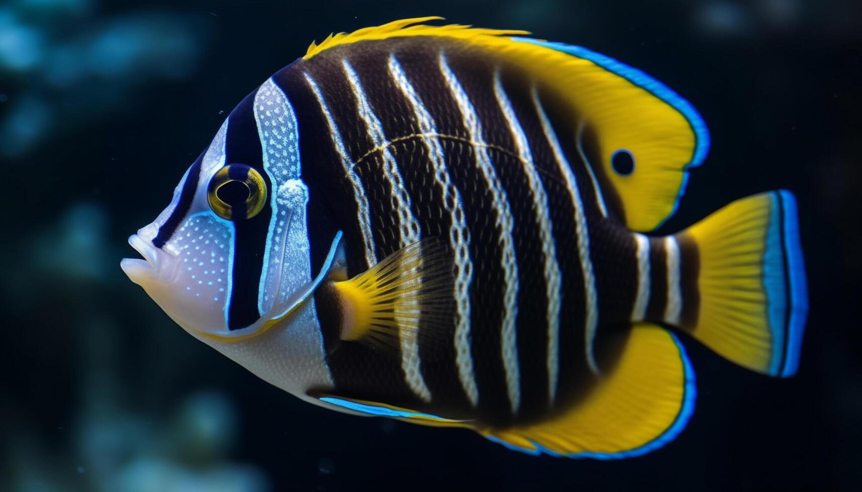 Vibrant striped clown fish swimming in colorful coral reef below generated by AI photo