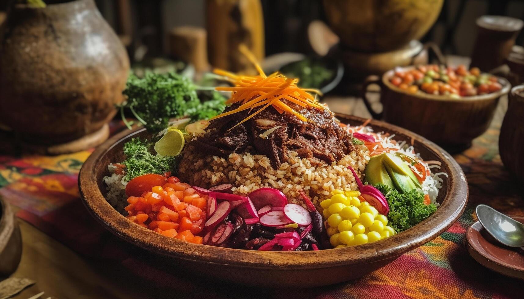 gastrónomo comida de A la parrilla carne de vaca y vegetal taco plato generado por ai foto