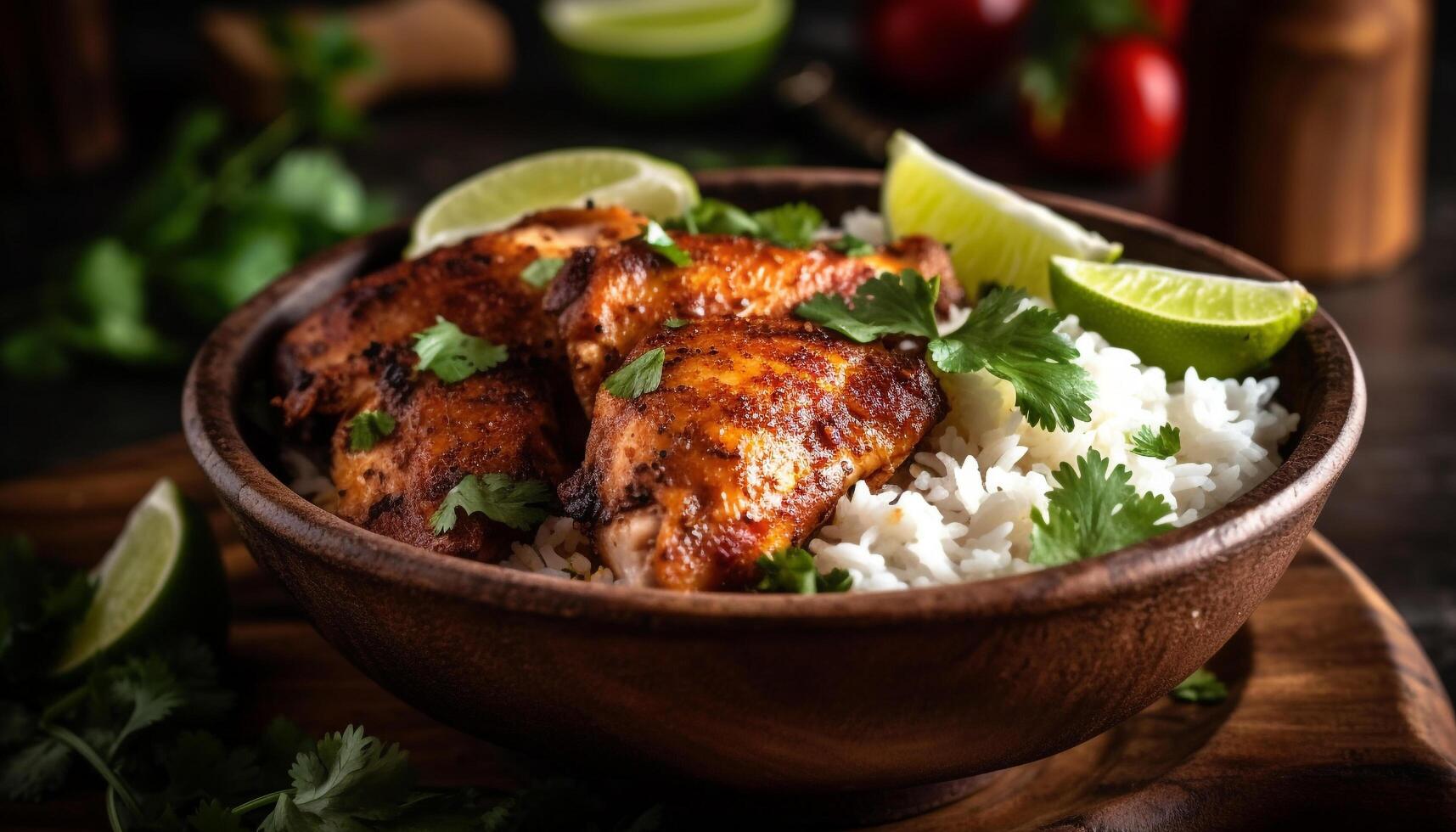 Grilled chicken with lime and cilantro, a gourmet healthy meal generated by AI photo