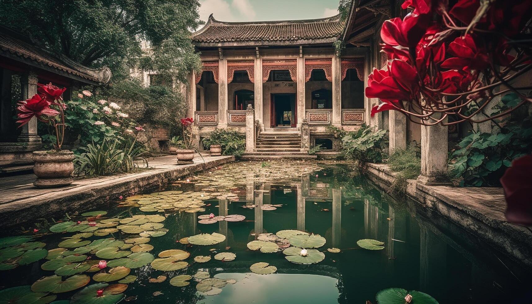 Ancient pagoda in Beijing formal garden reflects Chinese culture spirituality generated by AI photo