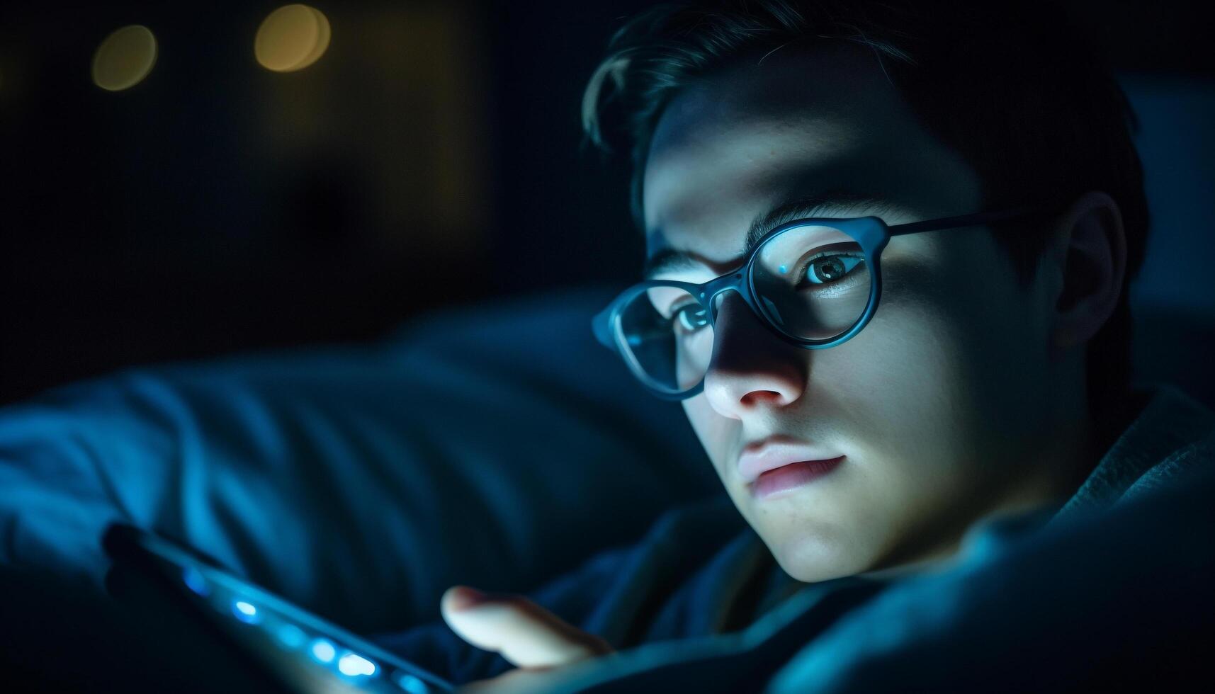 joven adulto caucásico masculino leyendo en iluminado digital tableta adentro generado por ai foto
