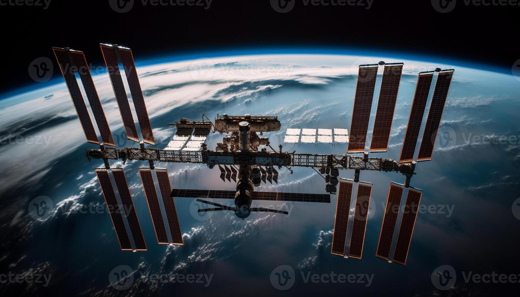 Futuristic spaceship orbiting planet in the Milky Way galaxy generated by AI photo
