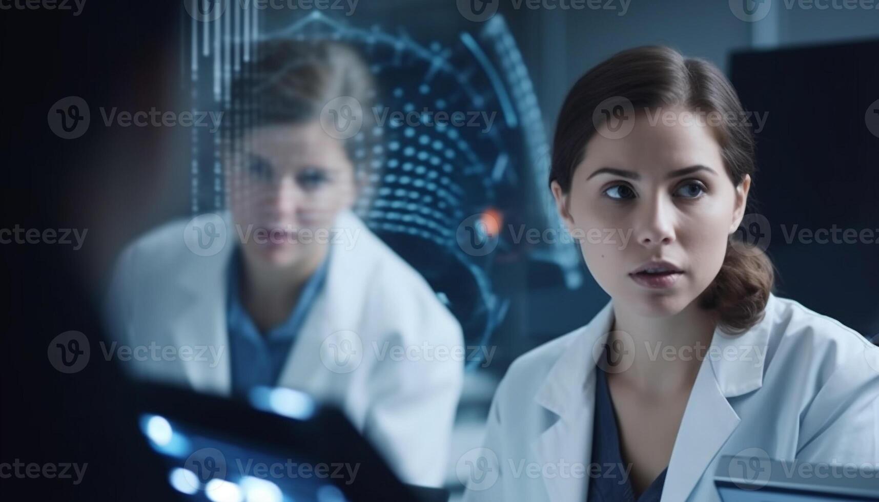 Young adult females and males analyzing healthcare technology indoors generated by AI photo
