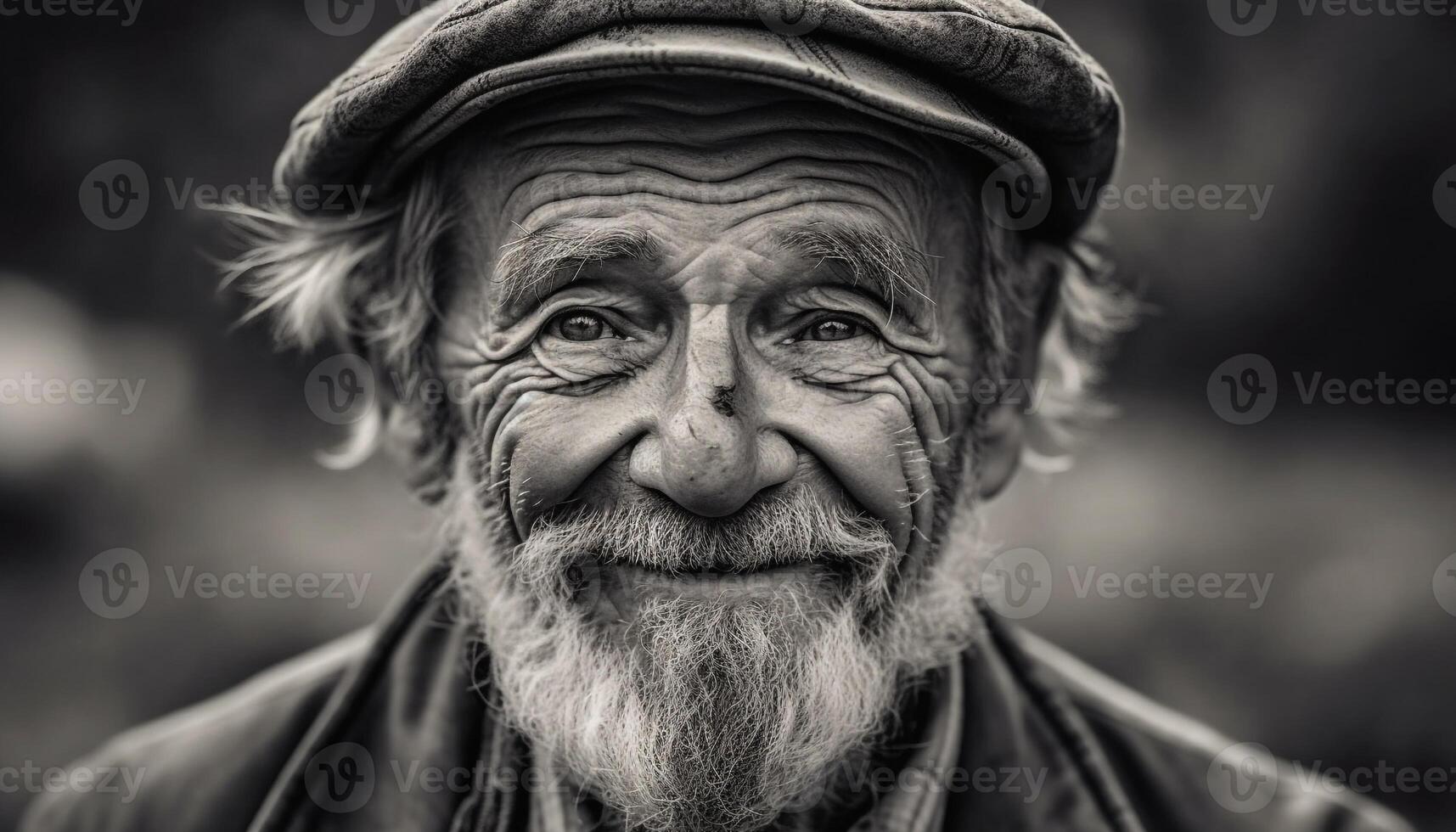 Smiling senior man with gray hair and beard outdoors generated by AI photo