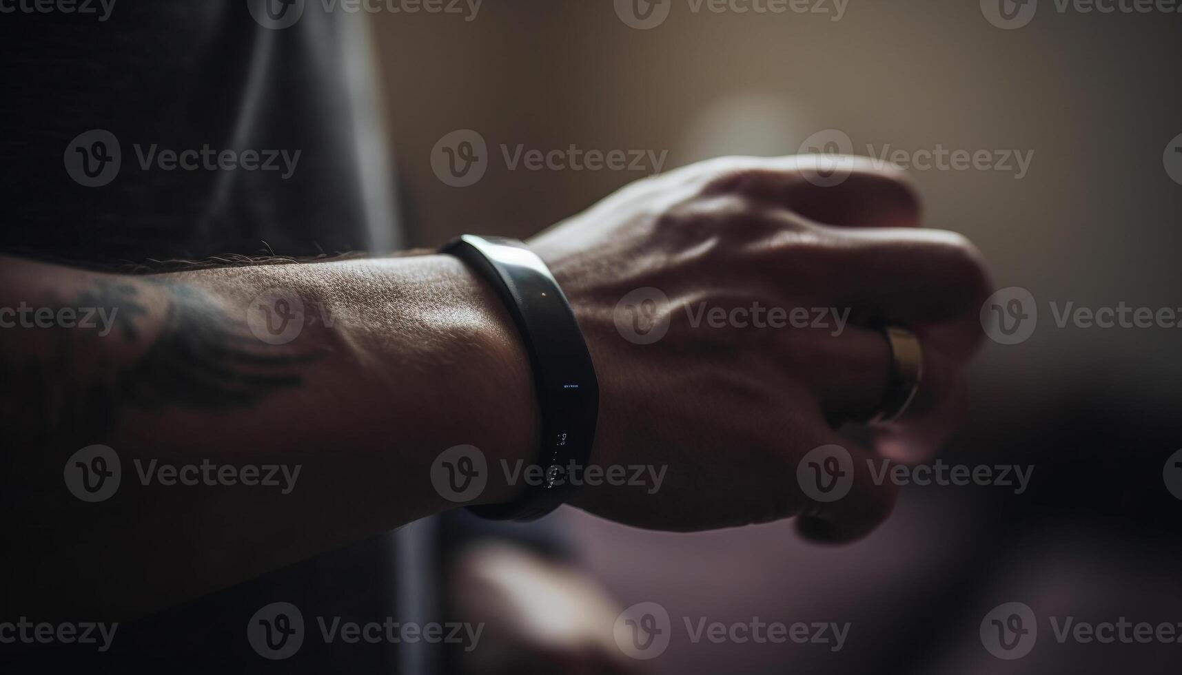 One man holding watch, working indoors with selective focus generated by AI photo