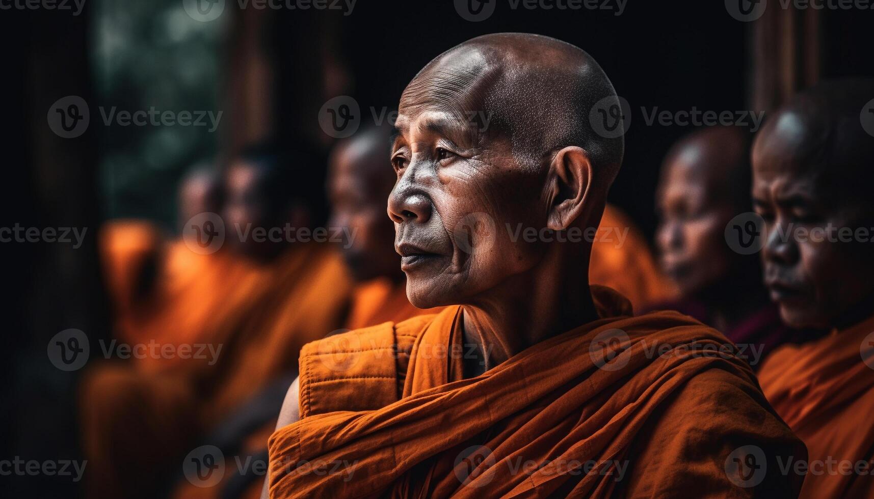 Monks meditating in serene pagoda, celebrating spirituality and indigenous cultures generated by AI photo