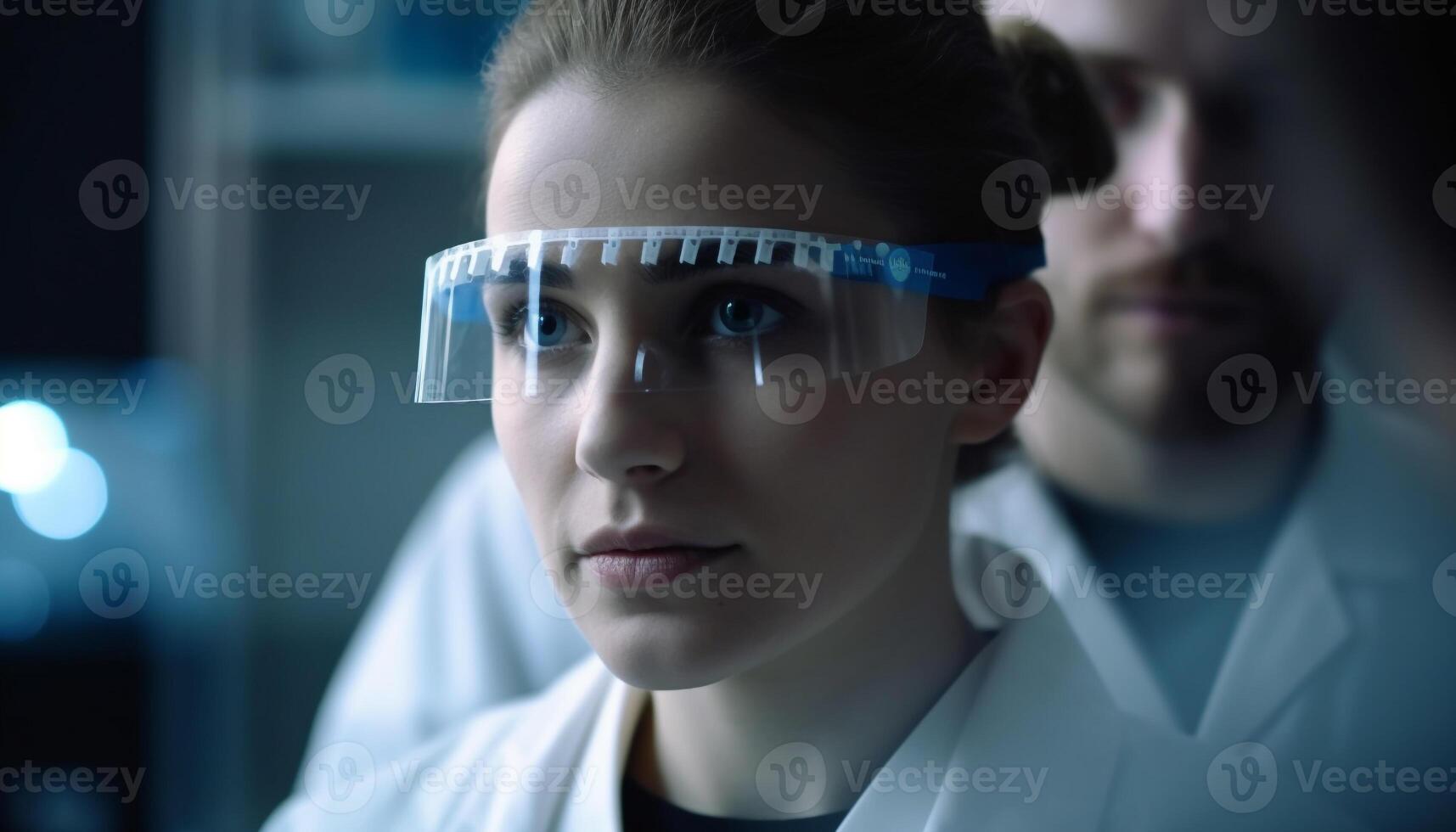 Young adult scientist analyzing experiment with modern technology in laboratory generated by AI photo