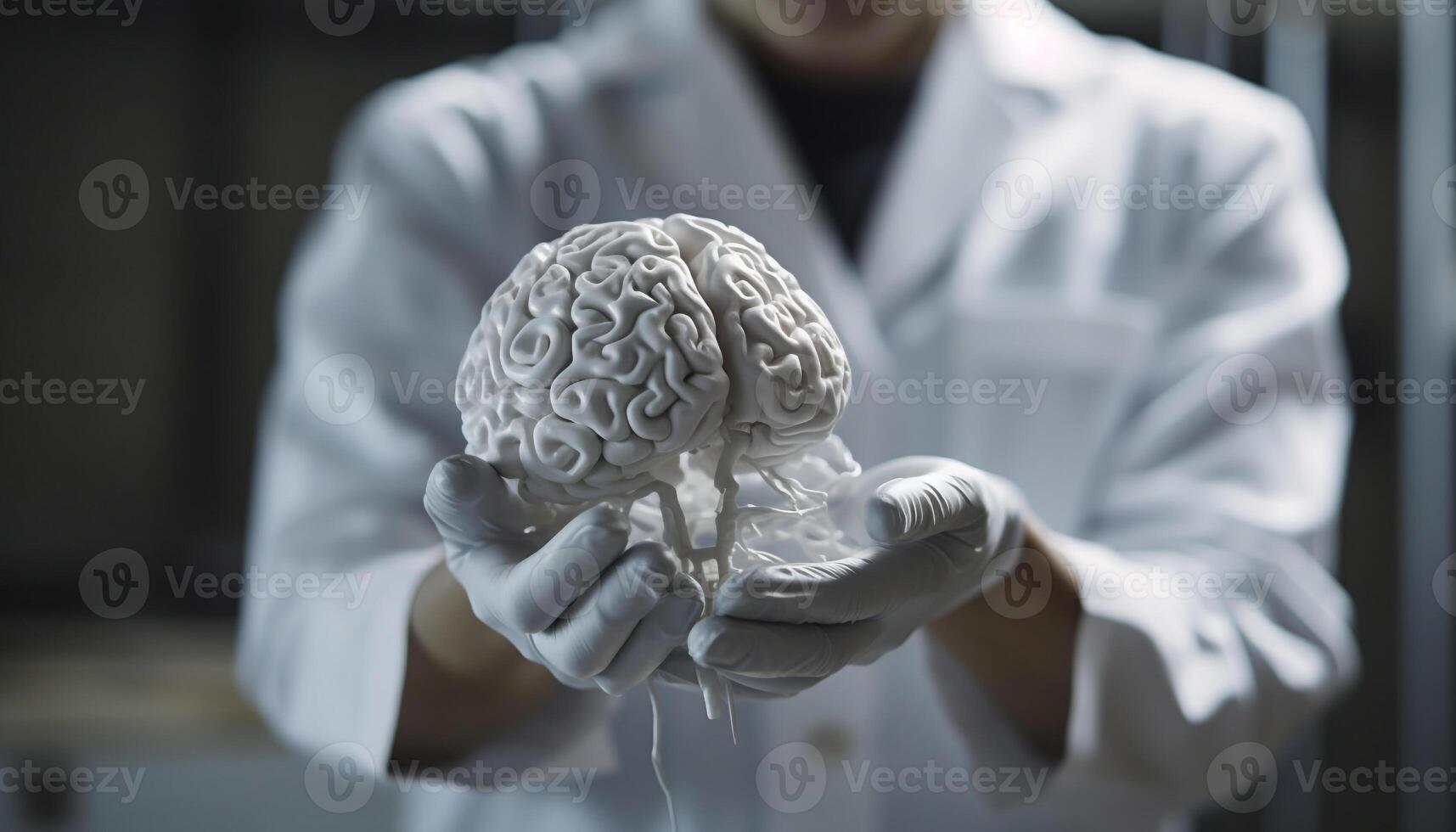 Scientist holding brain, focusing on anatomy for scientific experiment generated by AI photo