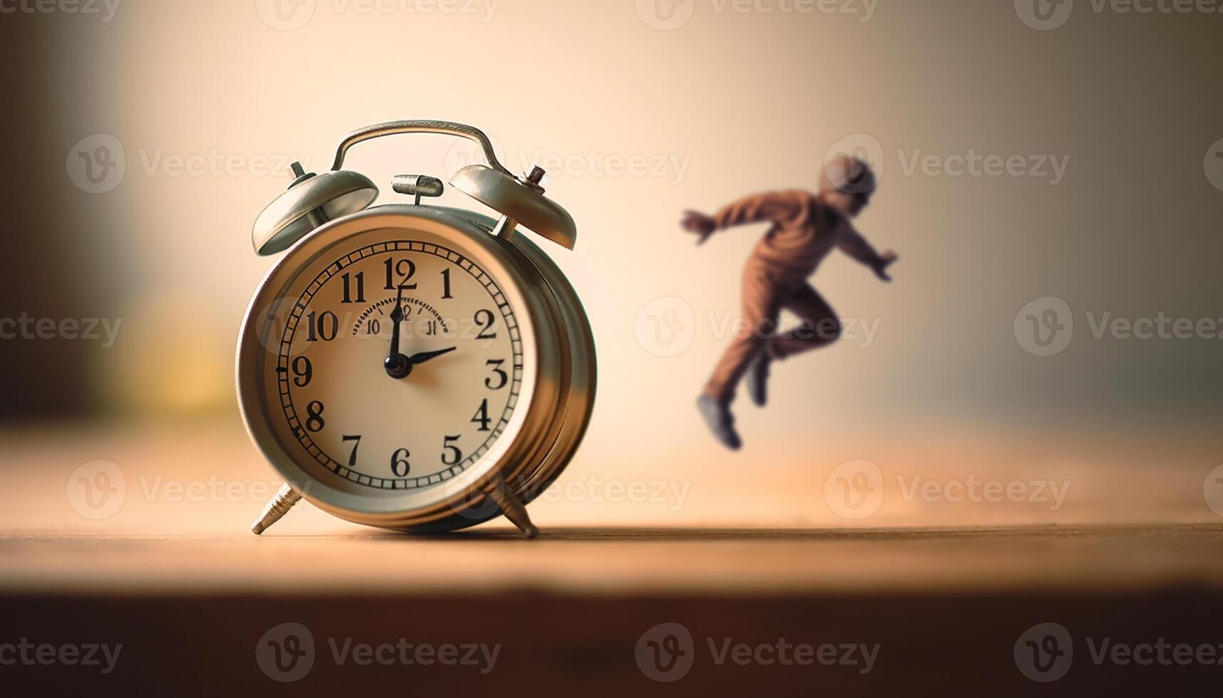 One person waking up to old fashioned alarm clock urgency generated by AI photo