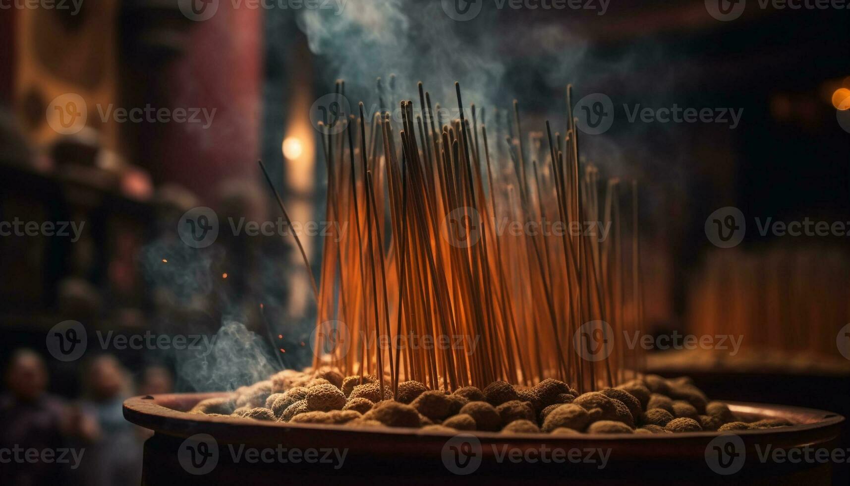 Burning incense, praying men, and glowing yellow flames celebrate spirituality generated by AI photo