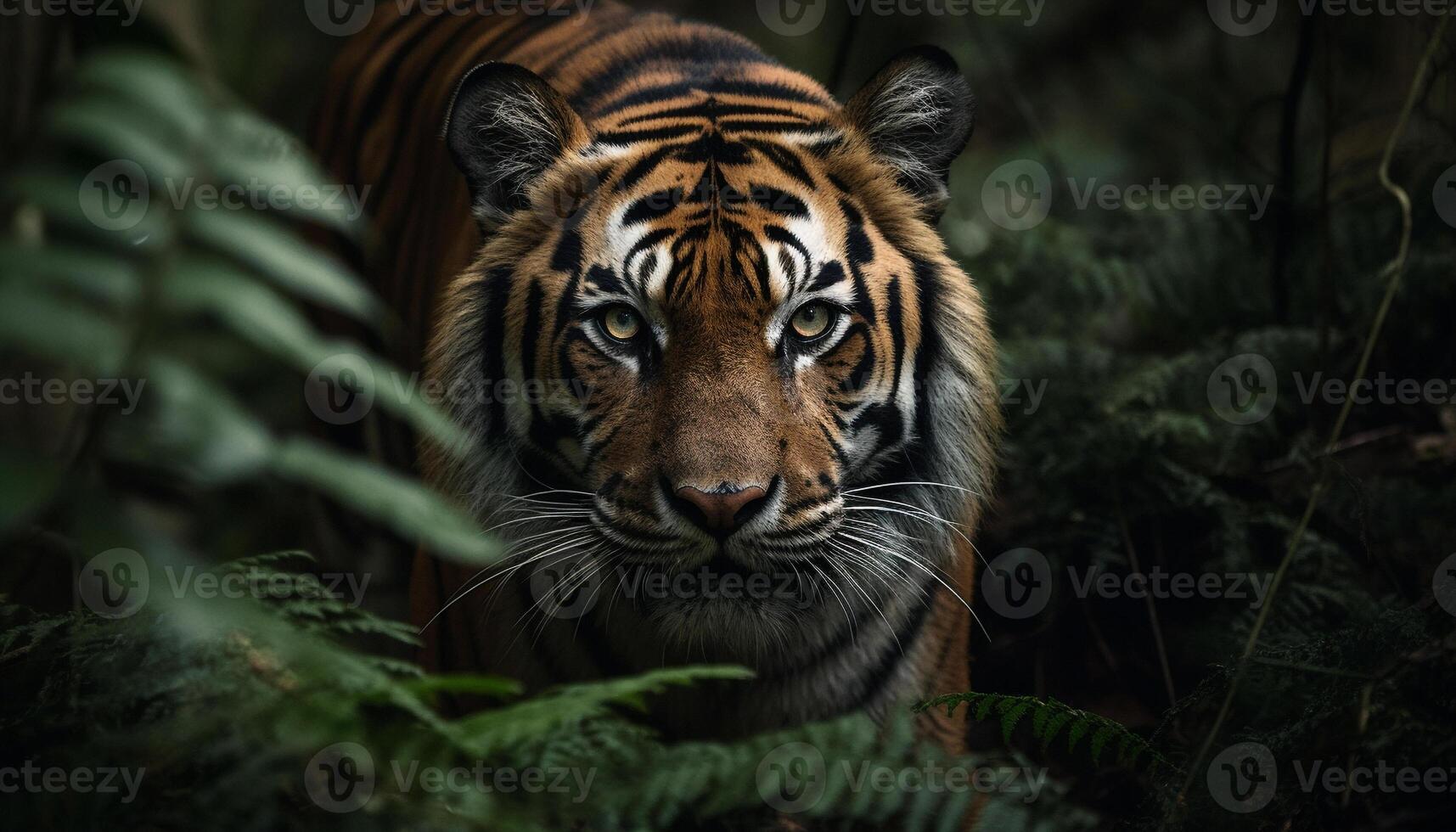 Majestic Bengal tiger staring with aggression in wilderness area generated by AI photo