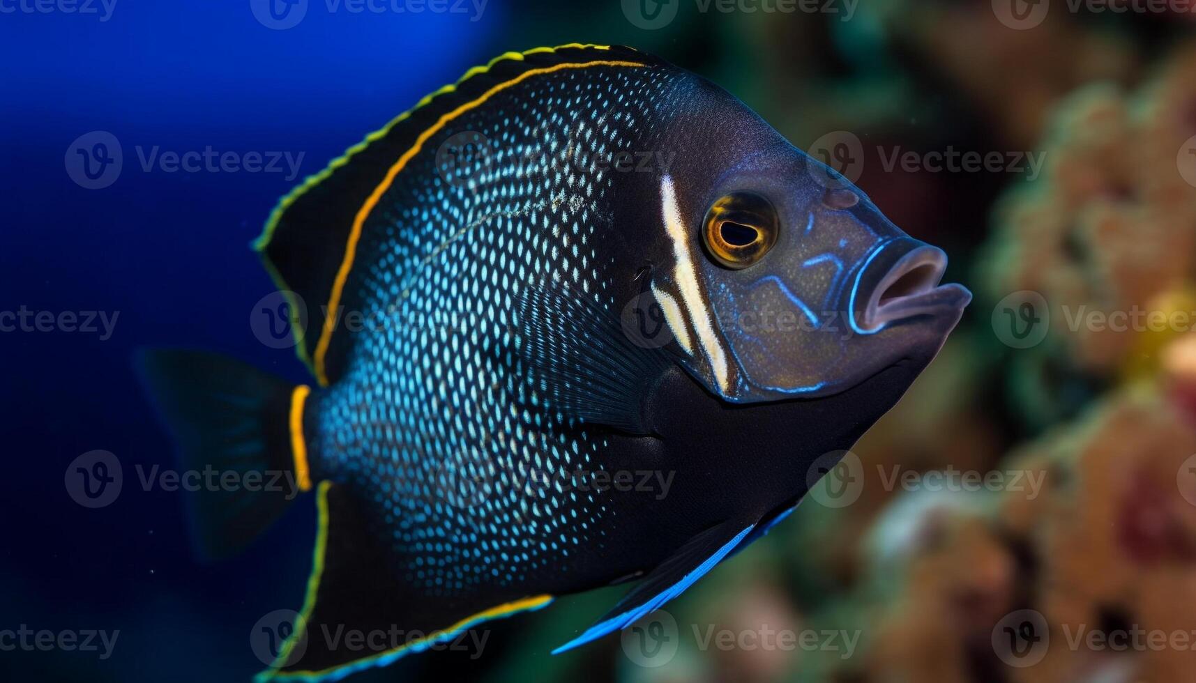Striped clown fish in natural beauty of underwater reef generated by AI photo