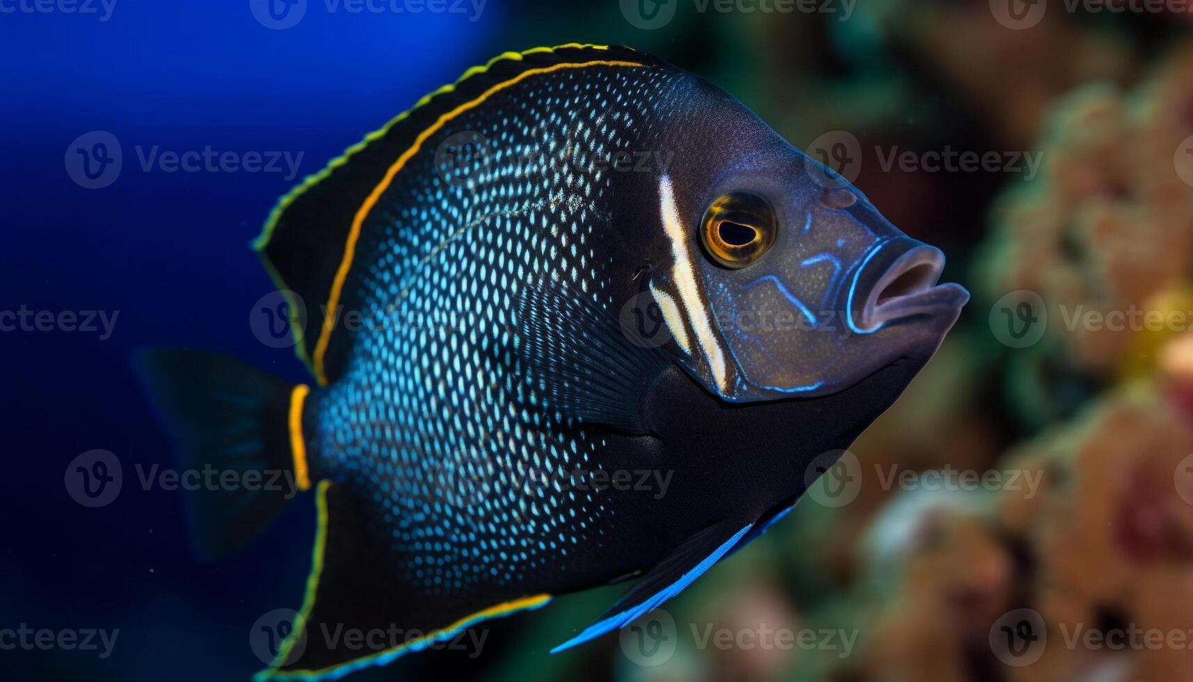 Striped clown fish in natural beauty of underwater reef generated by AI photo