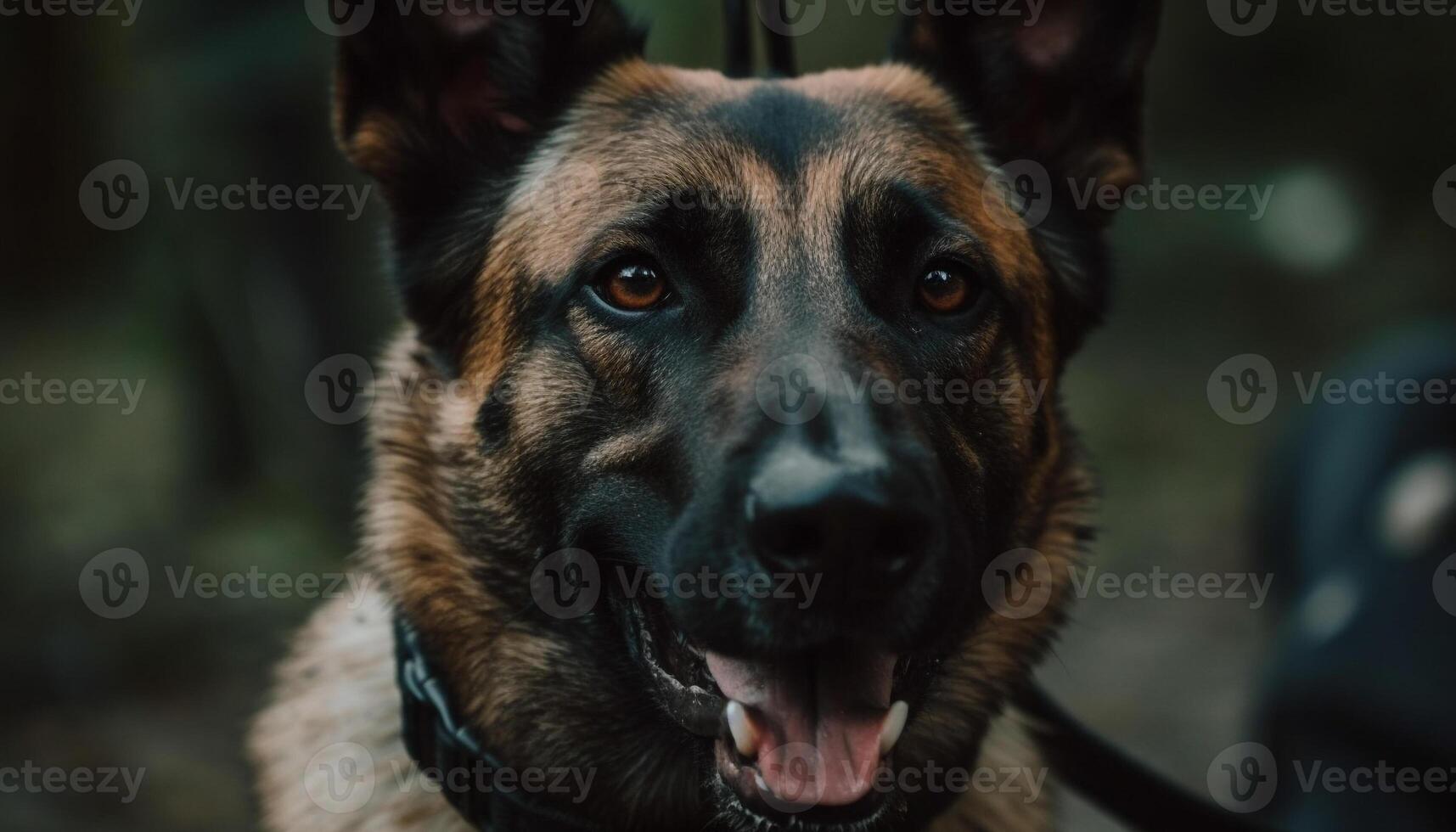 Purebred canine security guard sitting on grass, looking at camera generated by AI photo