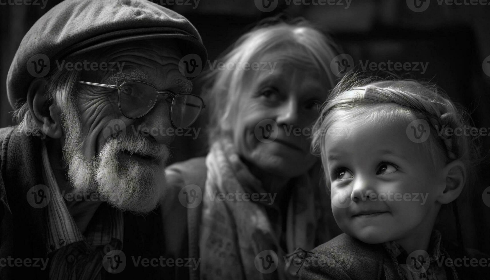 Smiling multi generation family embracing outdoors in black and white portrait generated by AI photo