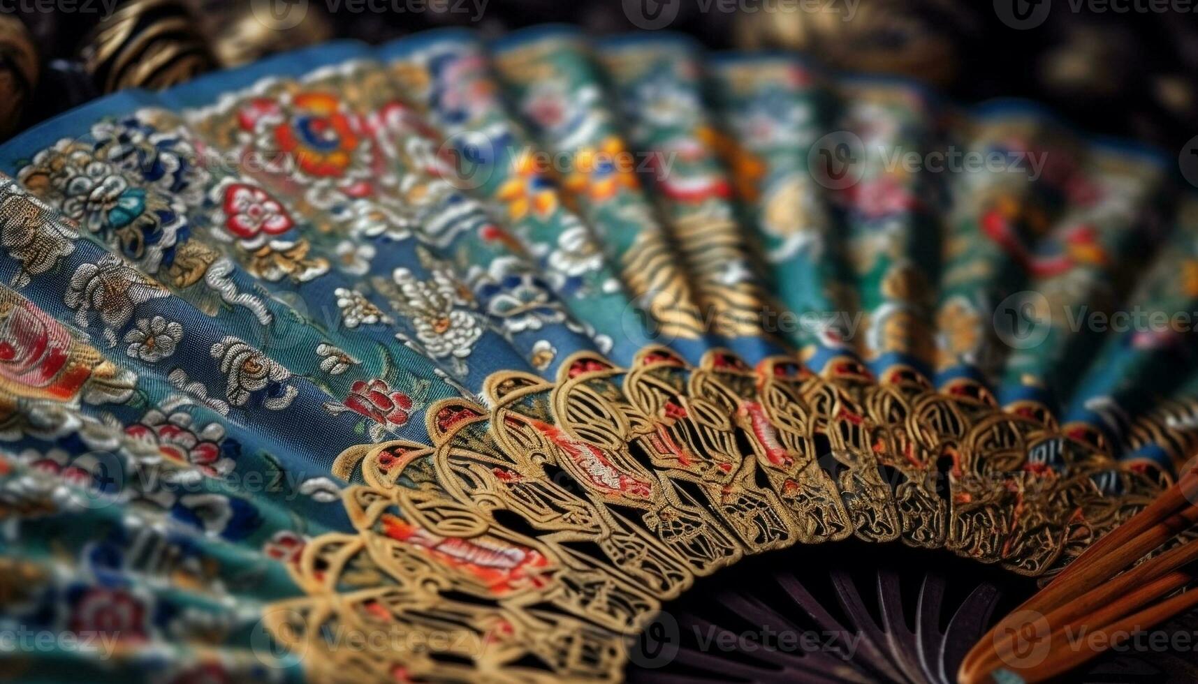 Vibrant silk hand fans, ancient craft with ornate embroidery designs generated by AI photo