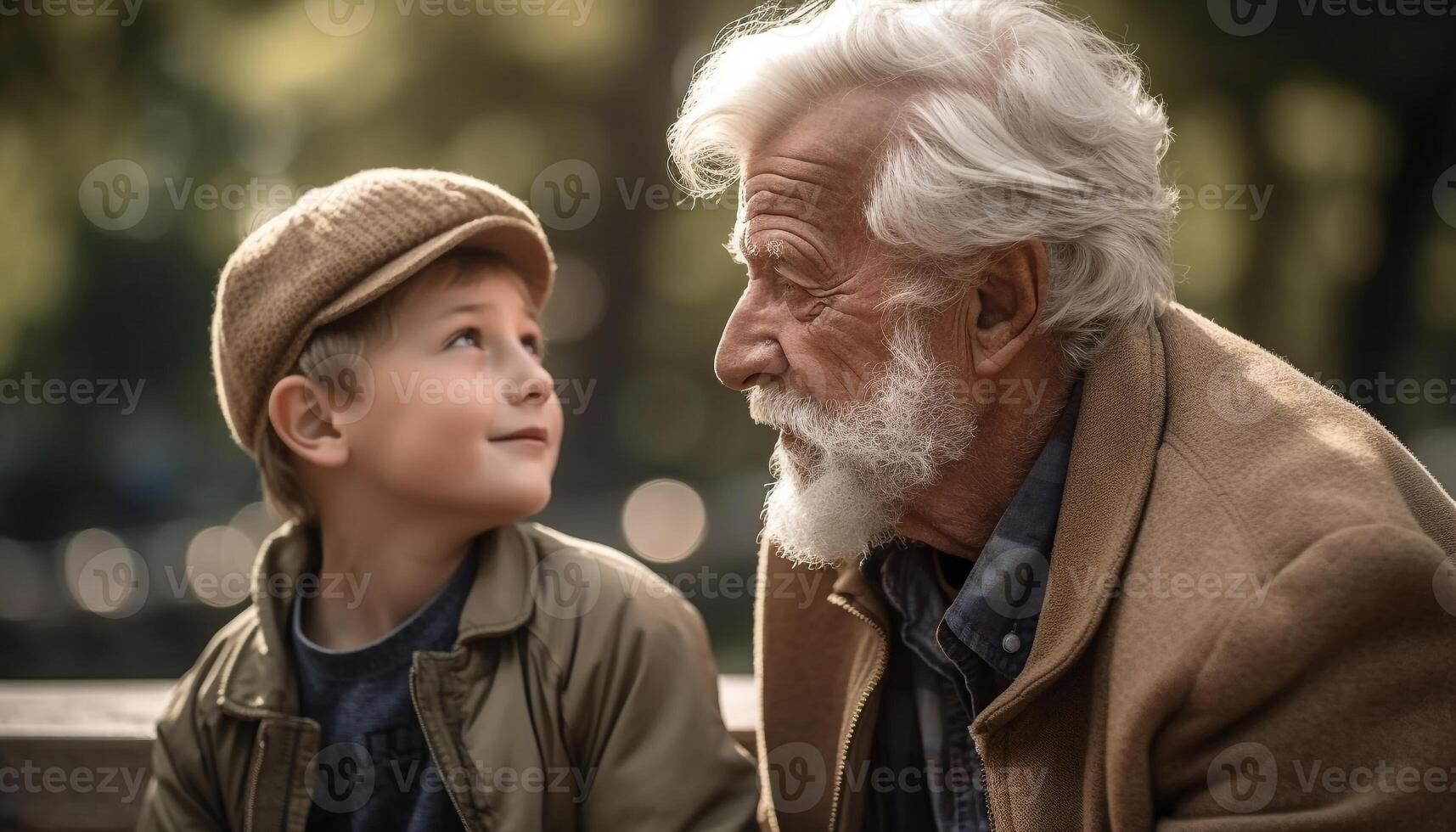 Three generations bond in nature, enjoying autumn warmth and love generated by AI photo