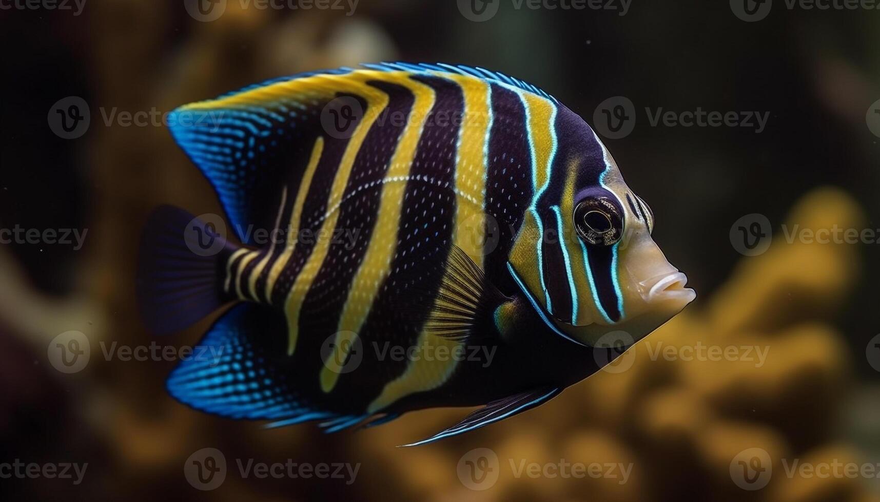 Yellow clown fish in striped reef, beauty in natural motion generated by AI photo
