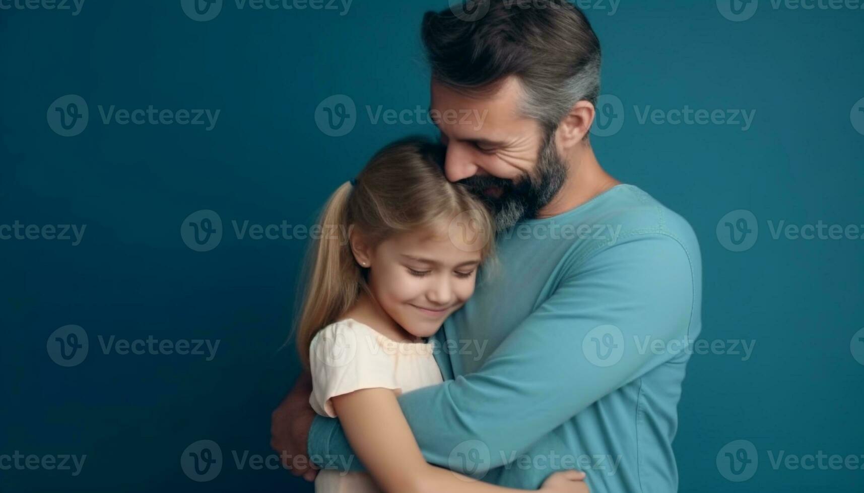 Family love Father embracing daughter, smiling at camera, holding son generated by AI photo