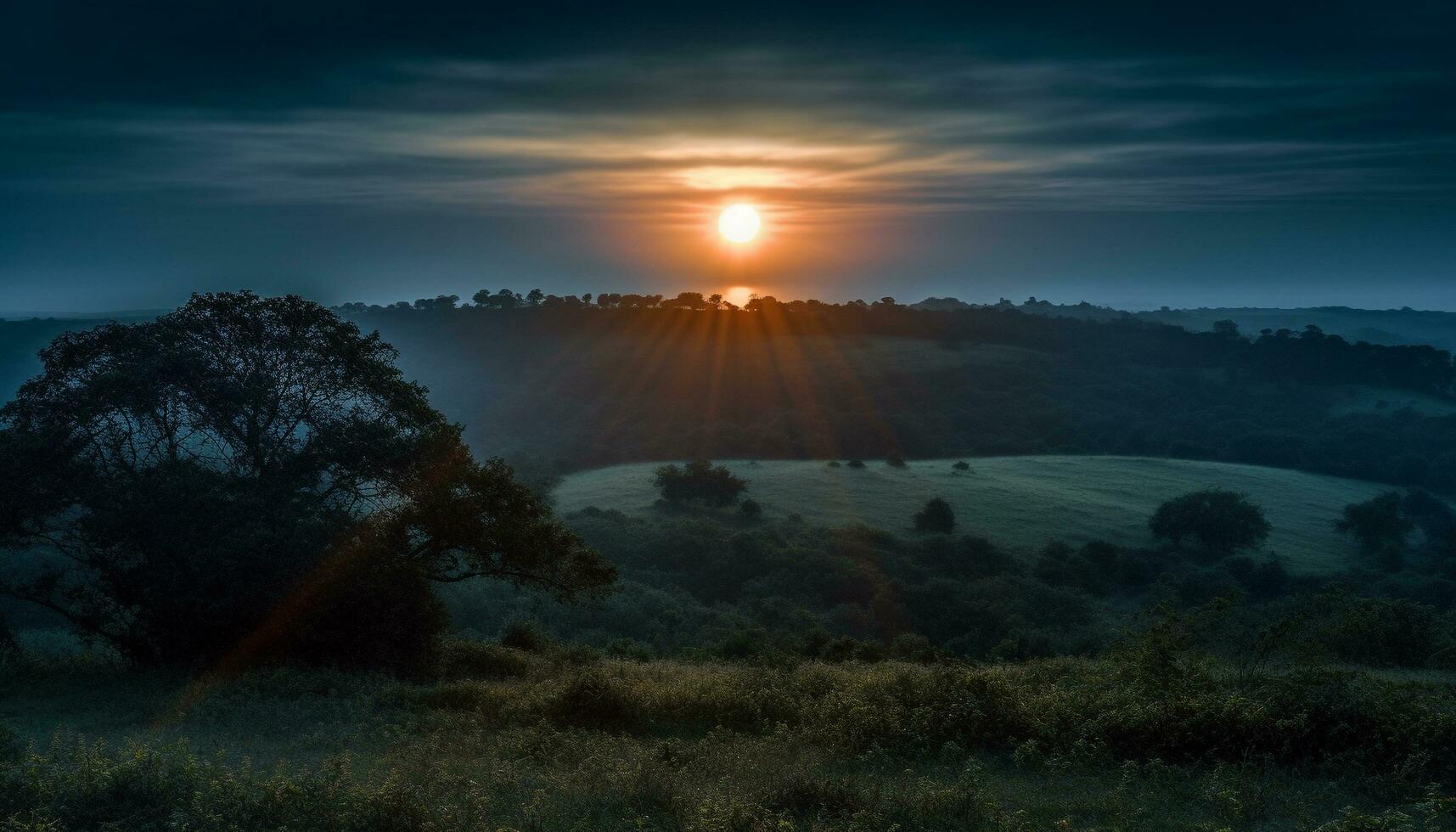 tranquilo escena puesta de sol terminado montaña rango, árbol silueta en contra naranja cielo generado por ai foto