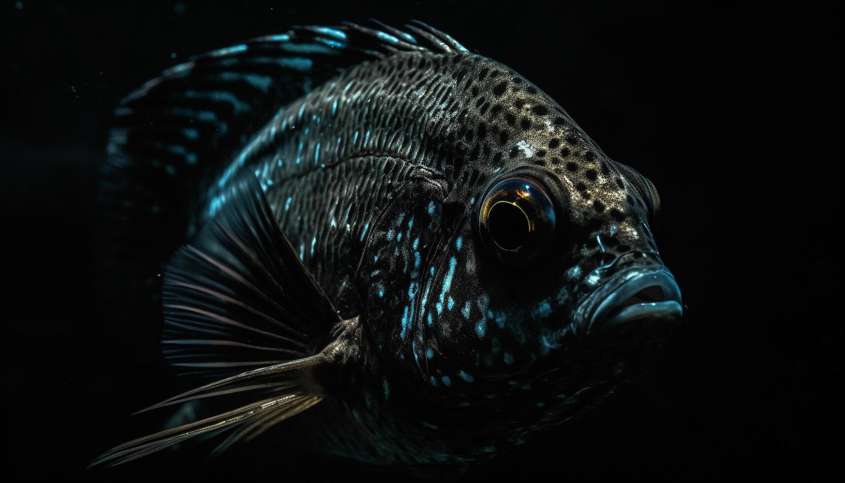 Sharp animal eye swimming in dark, underwater reef generated by AI photo