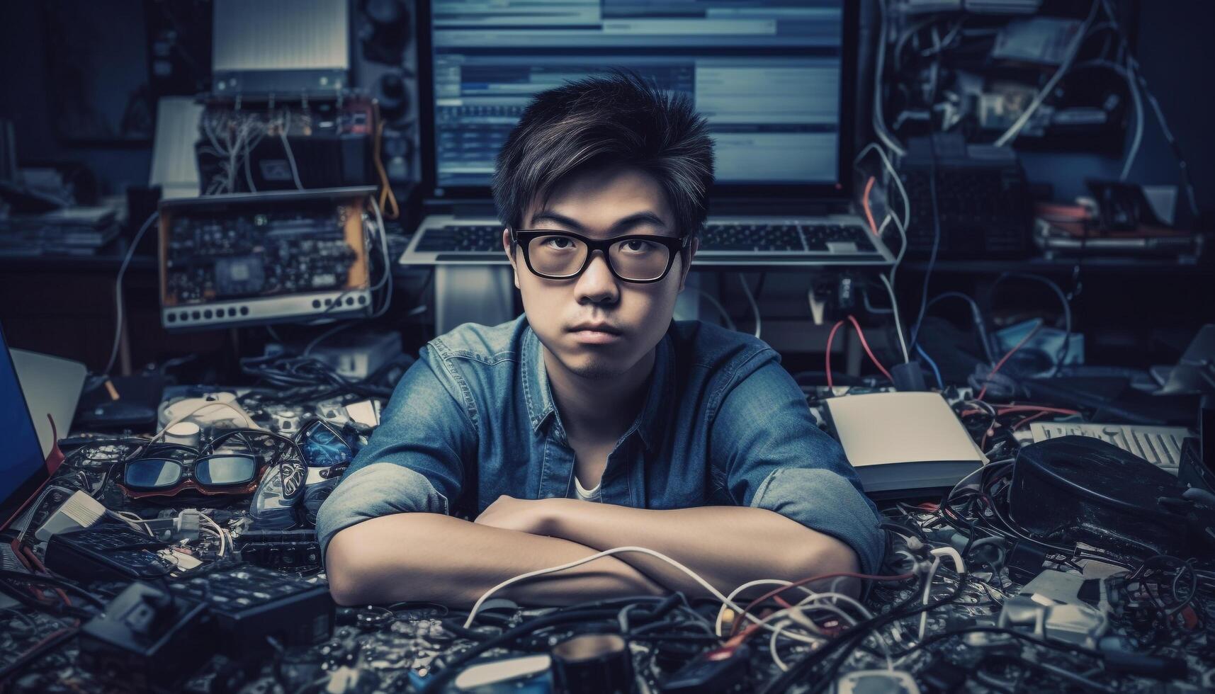 Young Caucasian technician repairing broken computer part with confidence generated by AI photo