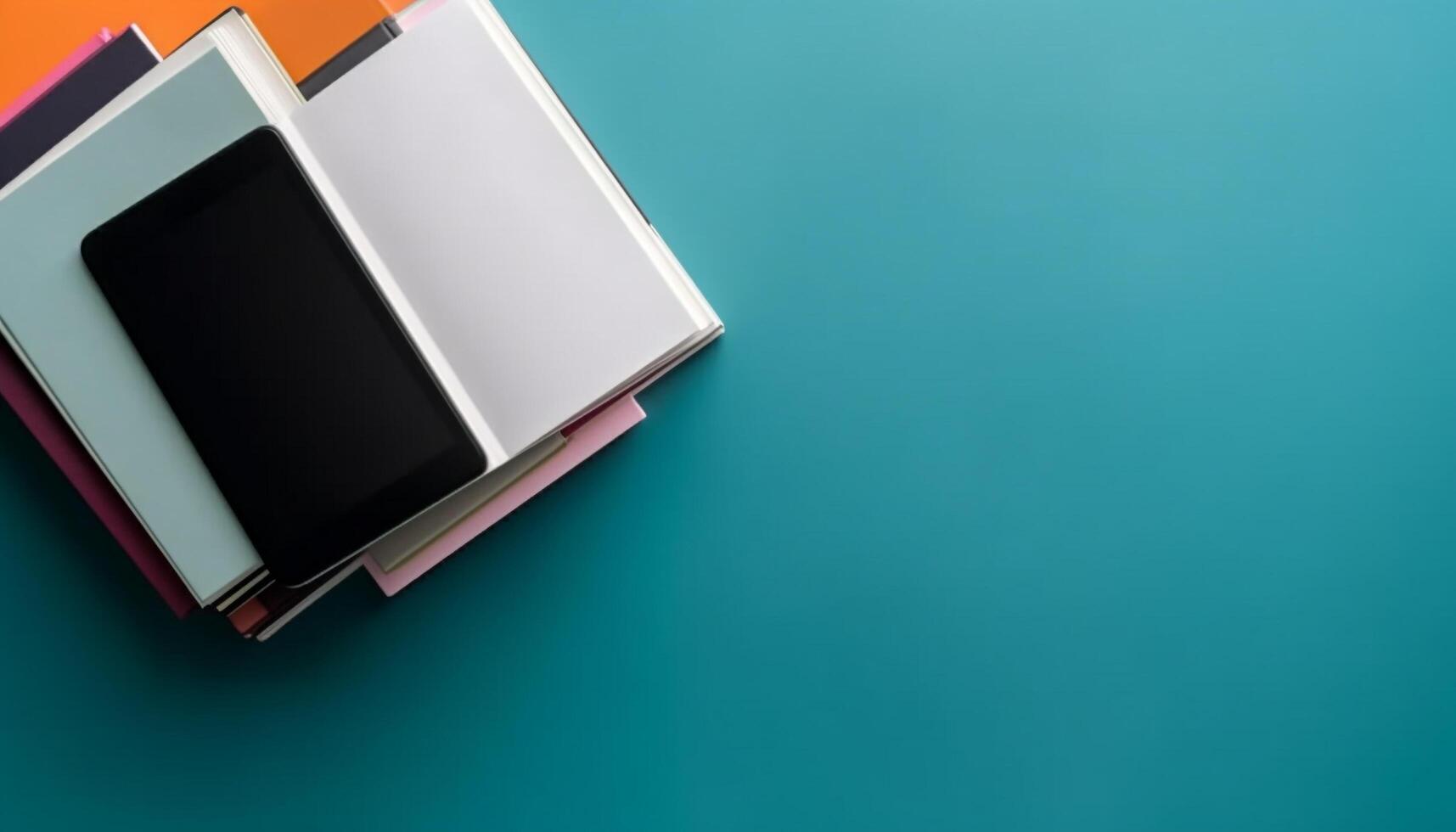 Stack of textbooks on blue background, perfect for studying and research generated by AI photo