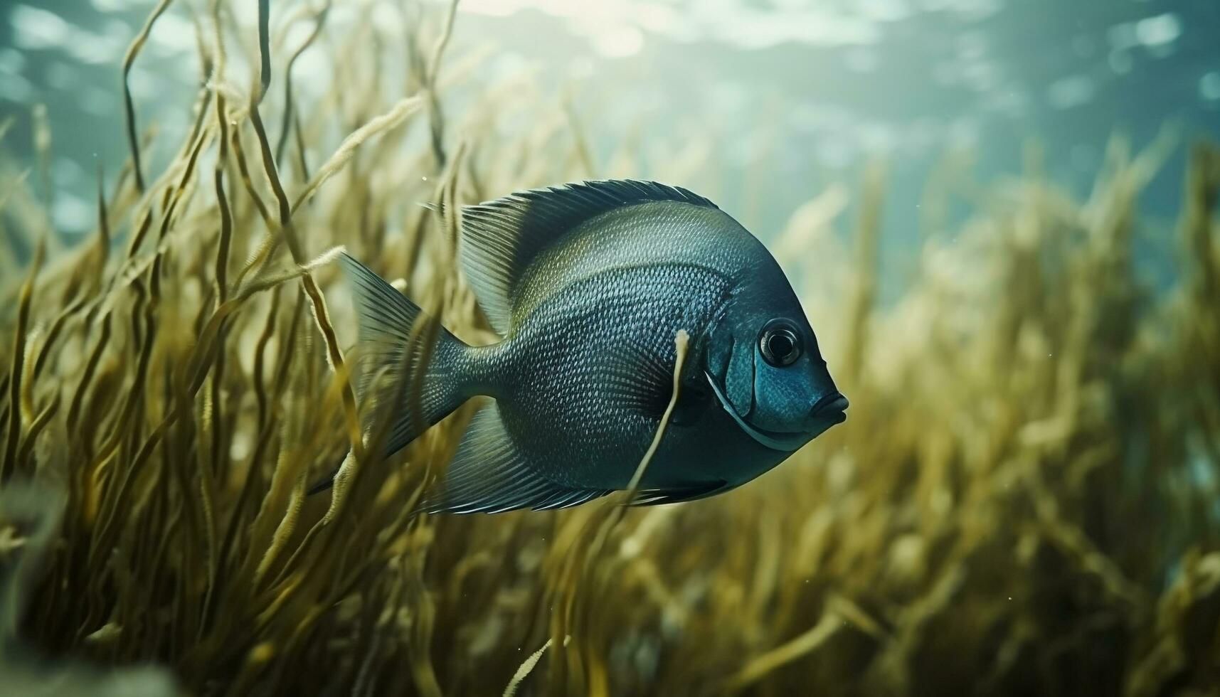 School of fish swim in multi colored reef, under tropical waters generated by AI photo