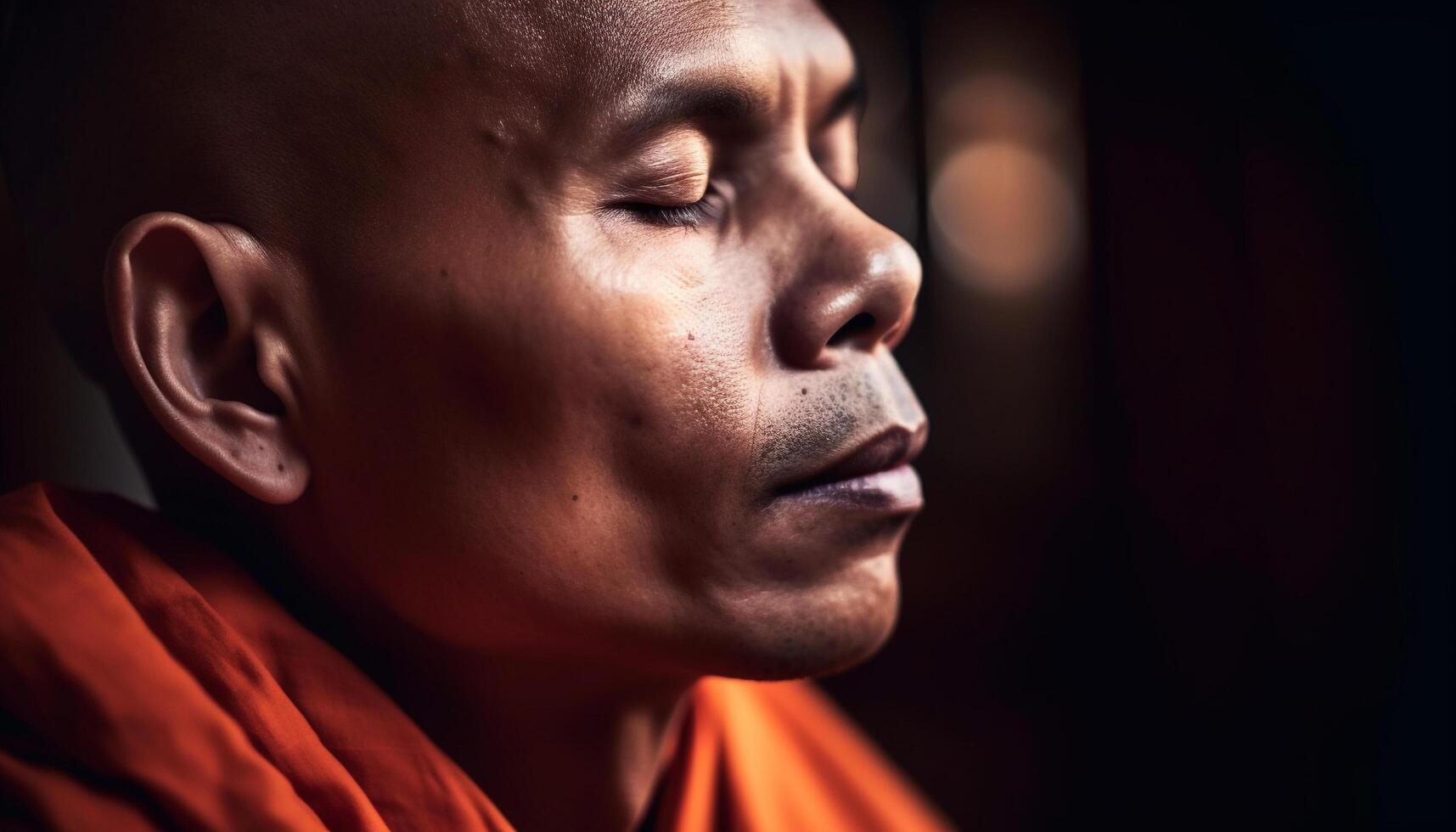 Young African man meditating, eyes closed, serene, black background studio generated by AI photo