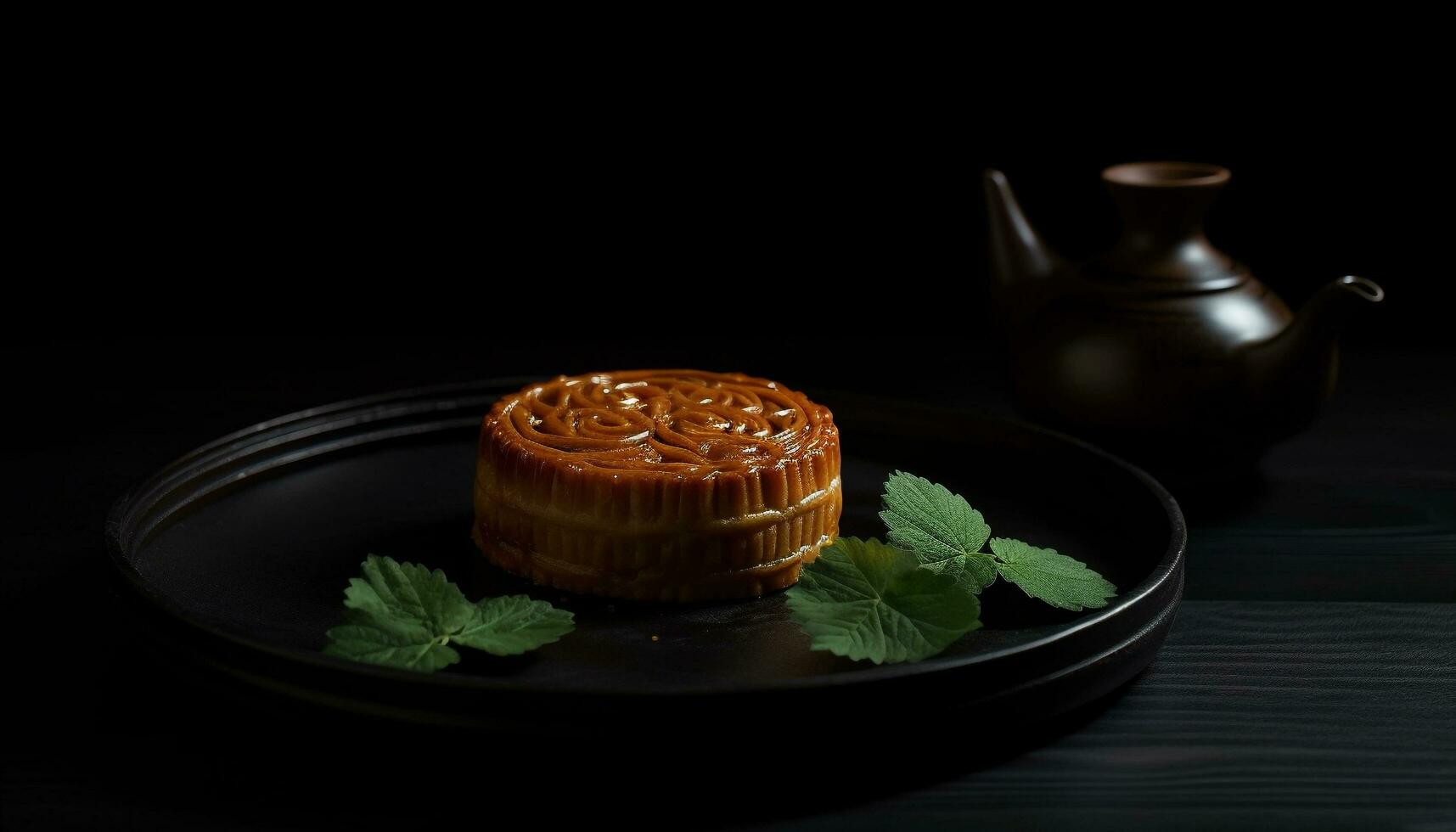 Sweet pie and tea on wooden table with fresh fruit generated by AI photo