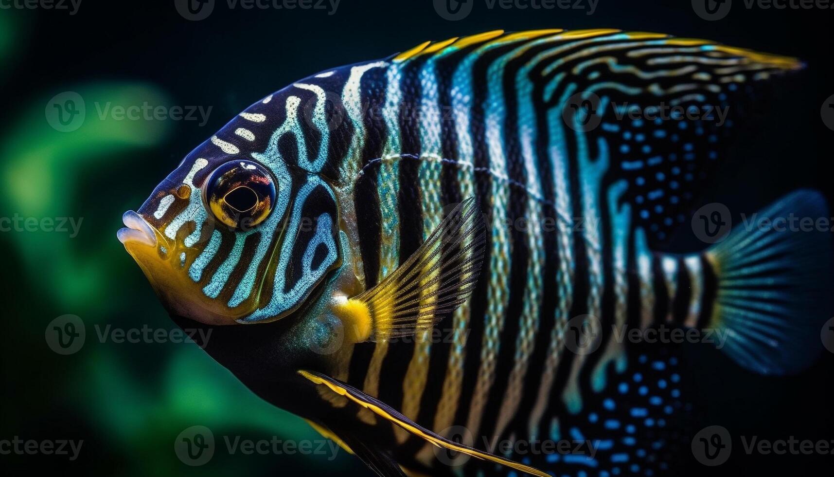 Striped zebra fish swims in vibrant coral reef below water generated by AI photo