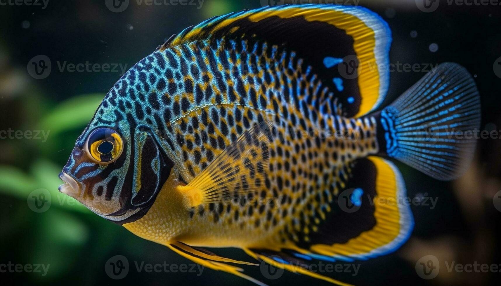 Vibrant striped rabbit fish swims in multi colored coral reef generated by AI photo