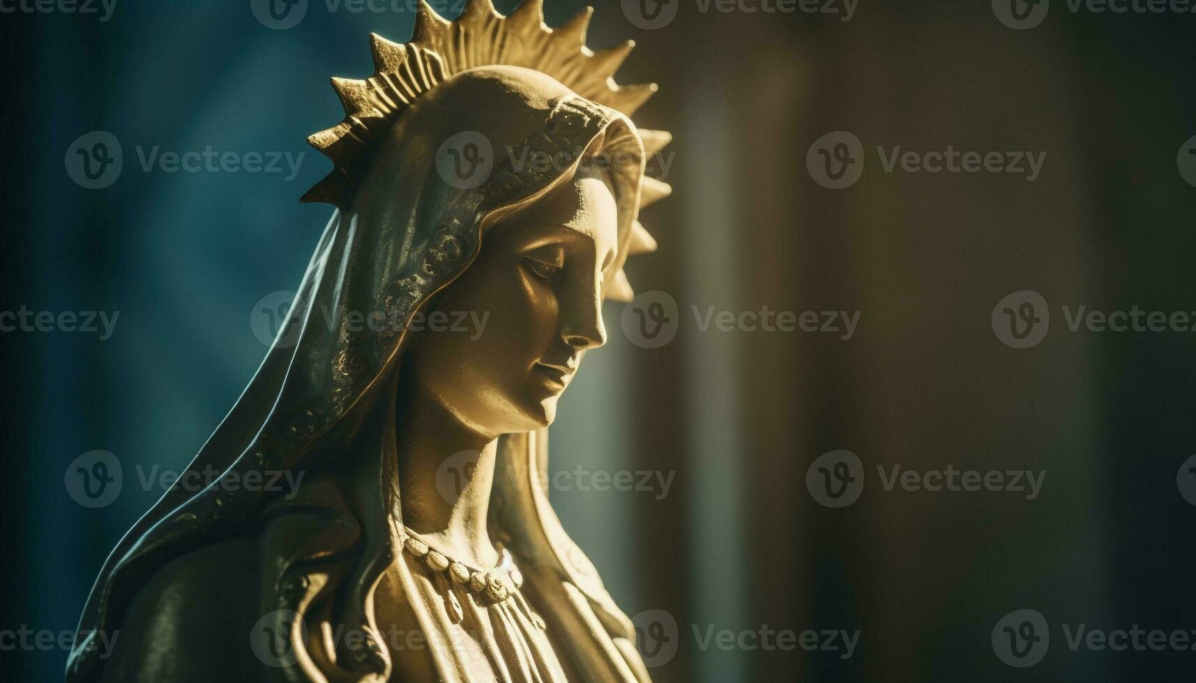 Golden cross illuminates famous statue of praying female likeness generated by AI photo