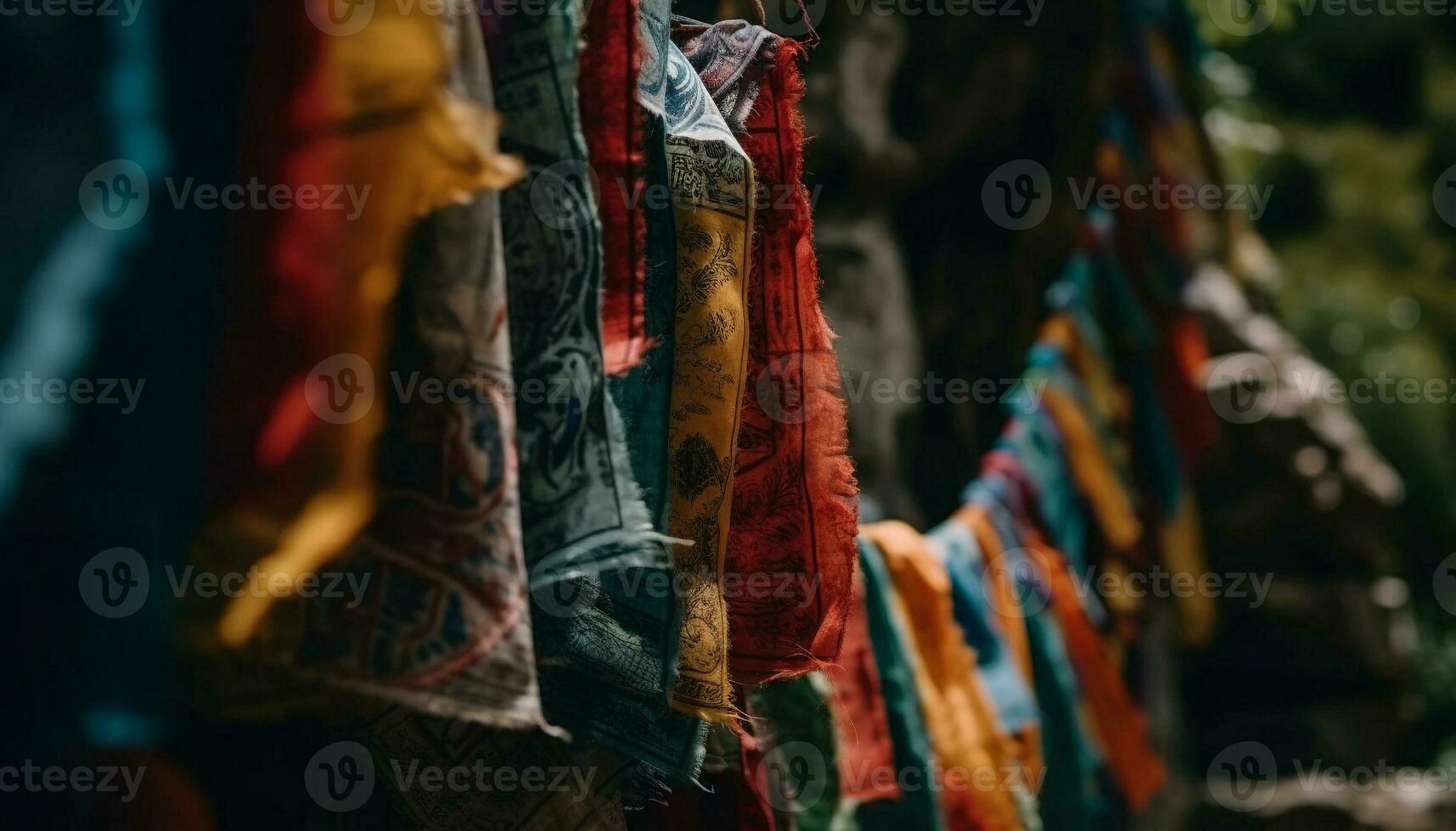 multi de colores textiles colgando en un fila a calle mercado rebaja generado por ai foto