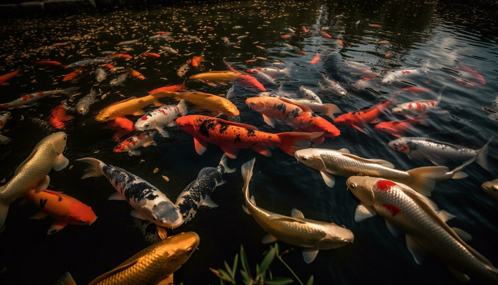 School of fish swimming in large pond, reflecting beauty in nature generated by AI photo