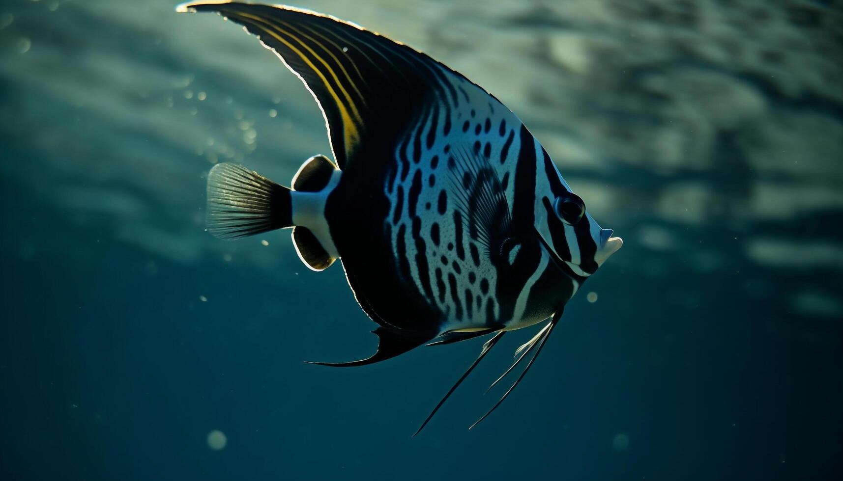 a rayas pescado cola en movimiento, buceo dentro multi de colores coral arrecife generado por ai foto