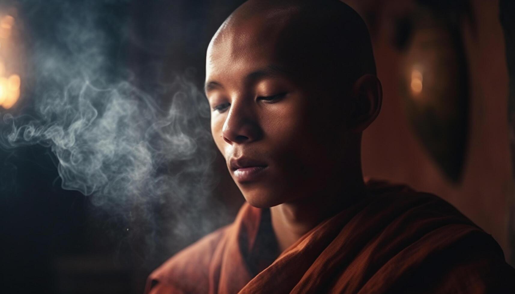 Young men meditating indoors, concentrating on the flame beauty generated by AI photo