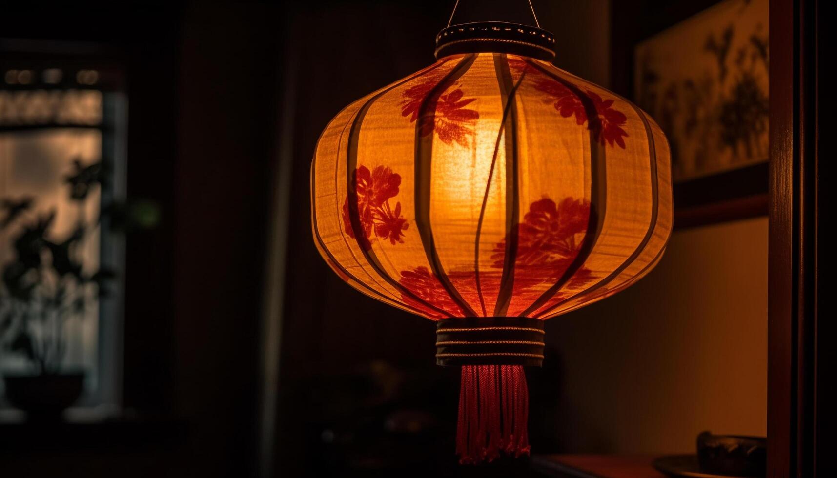 Glowing paper lanterns illuminate traditional Chinese celebration indoors generated by AI photo