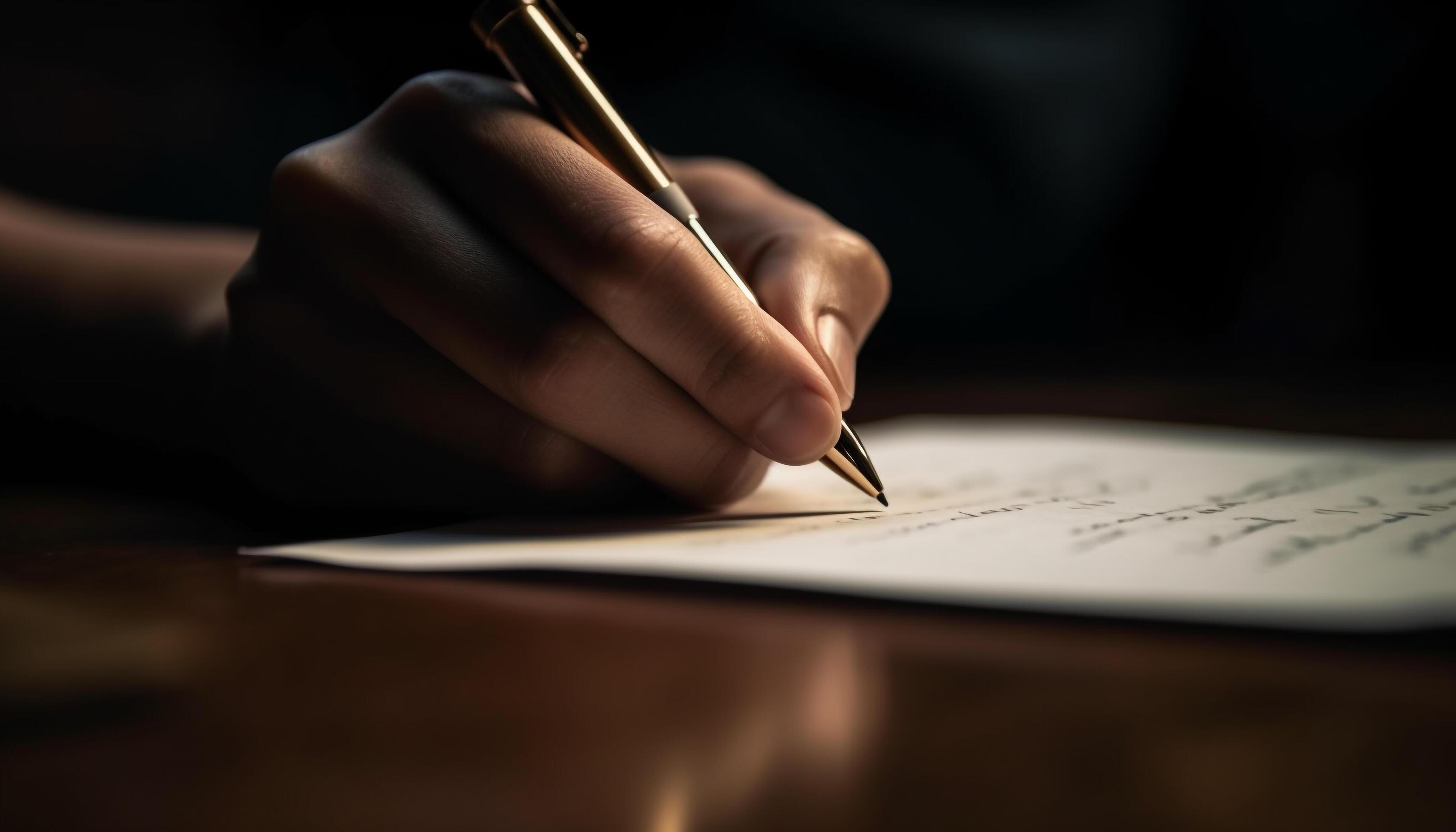 Handwriting on paper with ballpoint pen, focus on foreground generated