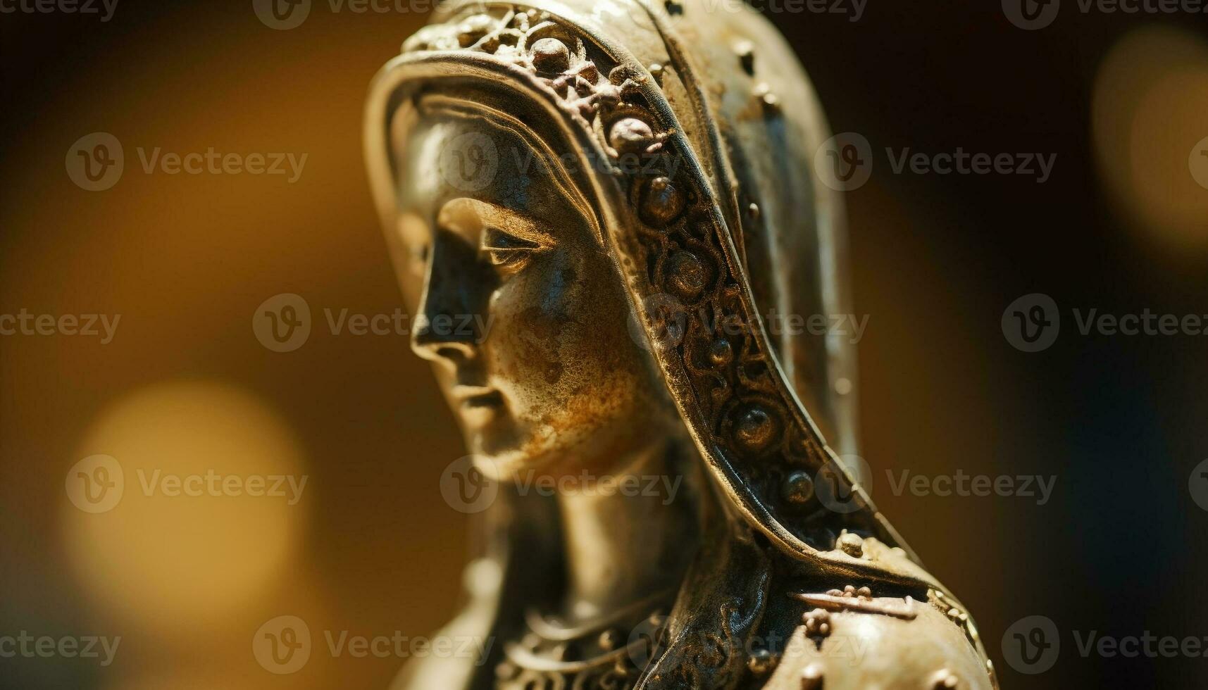 Religious statue of royalty in gold colored suit of armor generated by AI photo