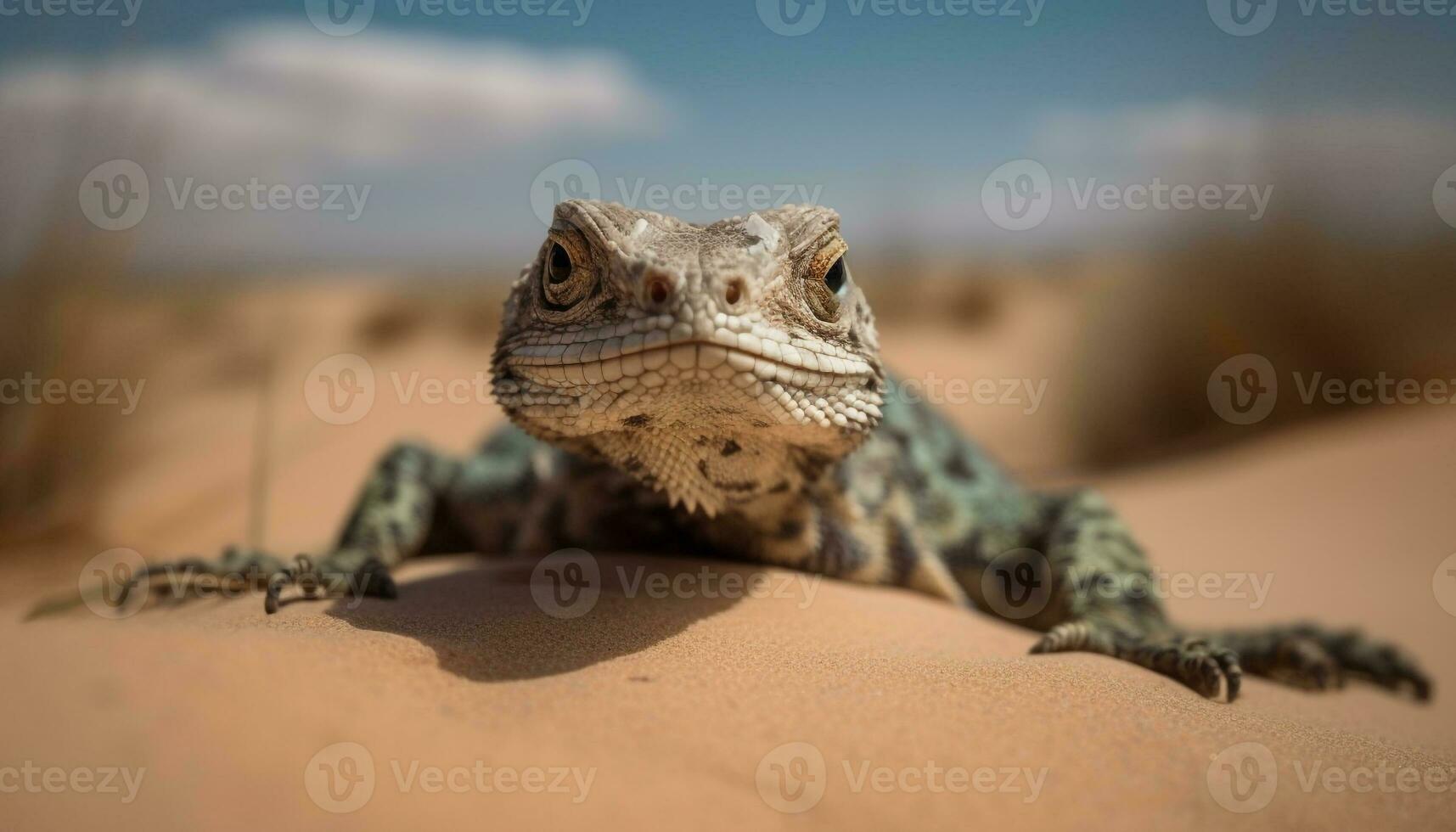 Lizard resting on branch, yellow scales, cute animal portrait generated by AI photo