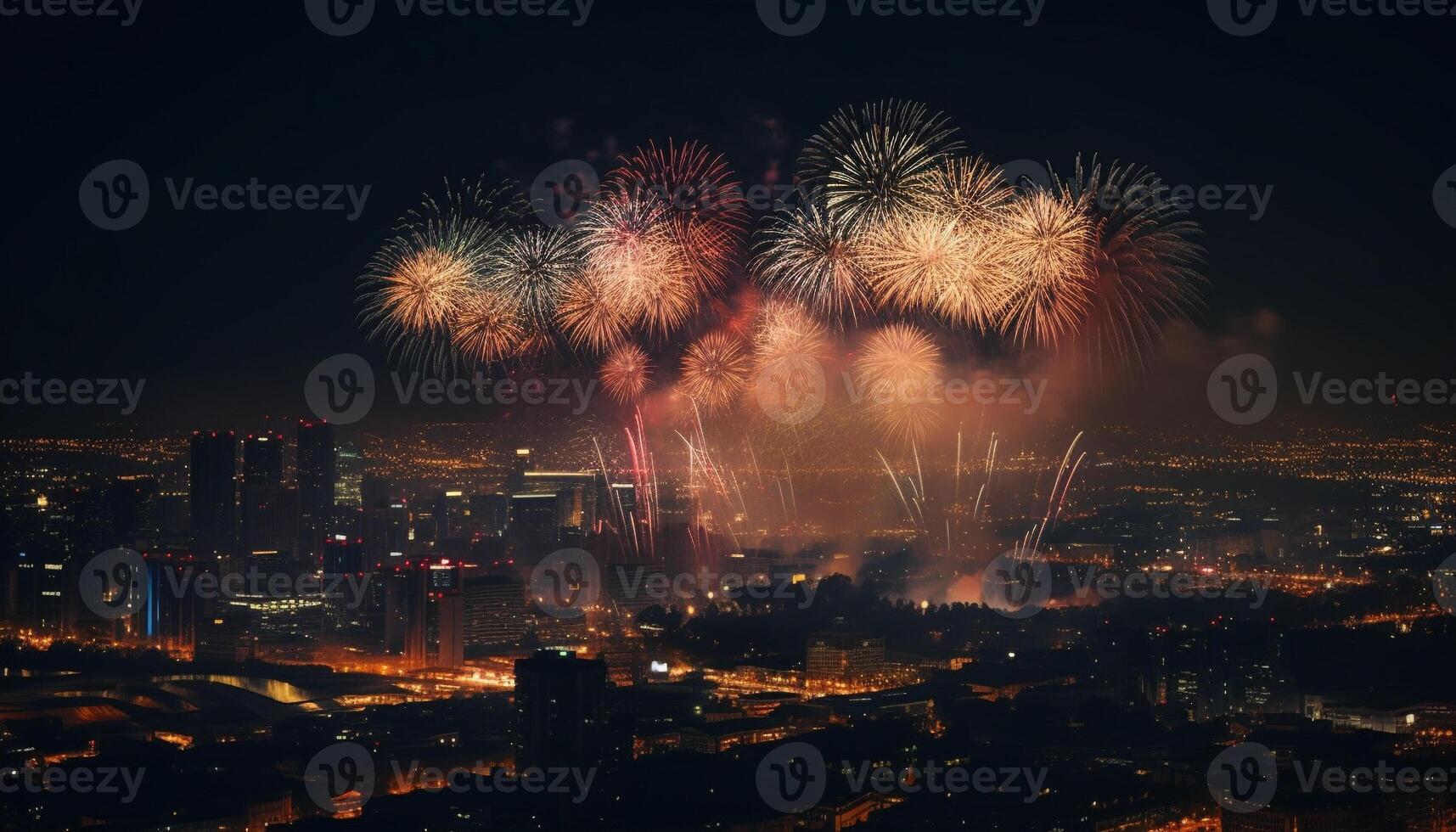 vibrante colores encender ciudad horizonte en explosivo Fuegos artificiales monitor generado por ai foto