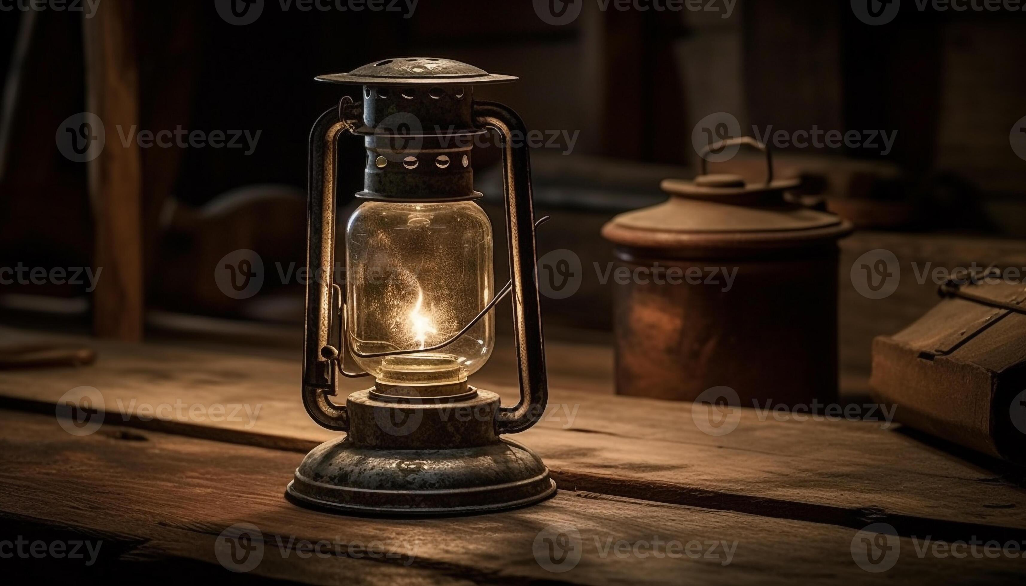 Rustic lantern with kerosene flame illuminates ancient cultures indoors