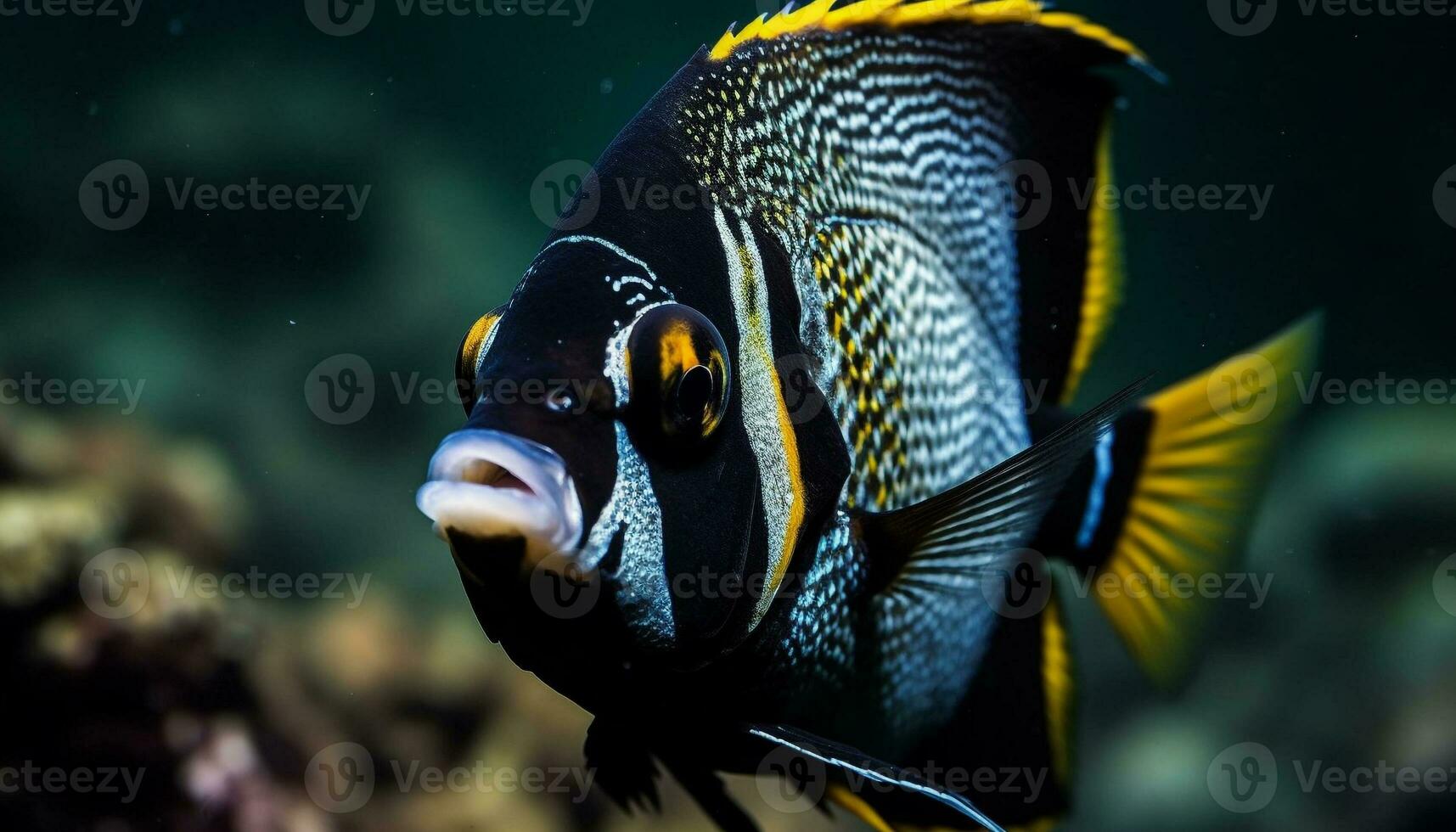 Yellow and striped clown fish swimming in coral reef beauty generated by AI photo