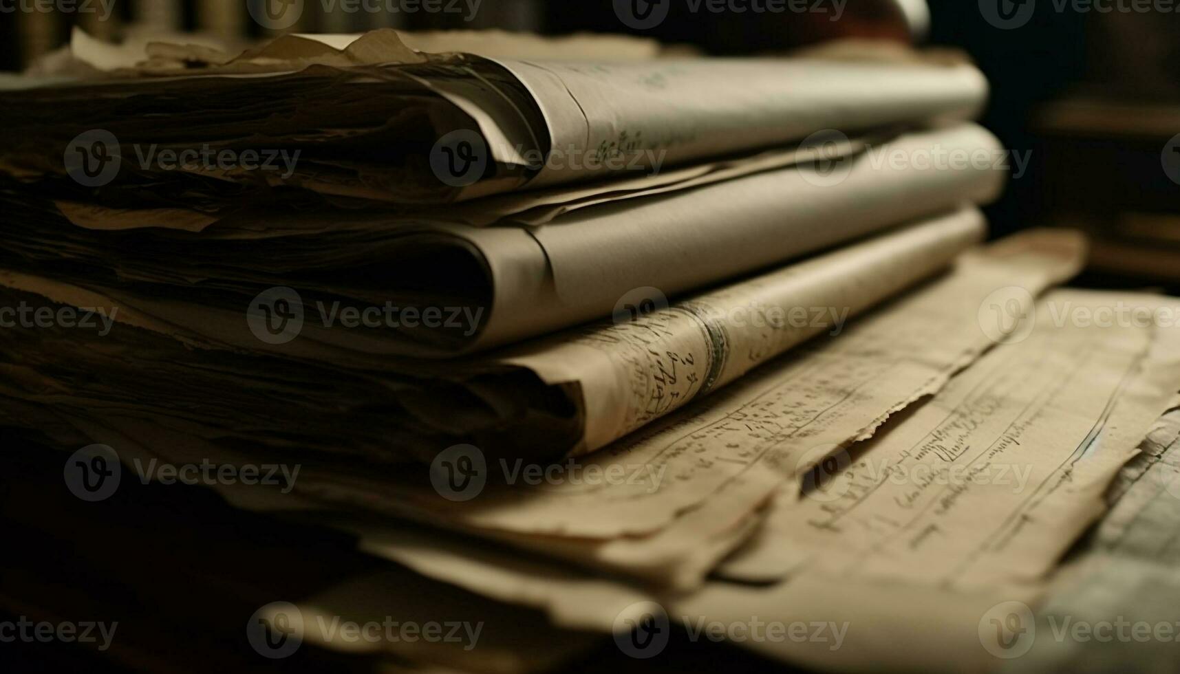 Old fashioned newspaper rolled up on antique wooden table indoors generated by AI photo