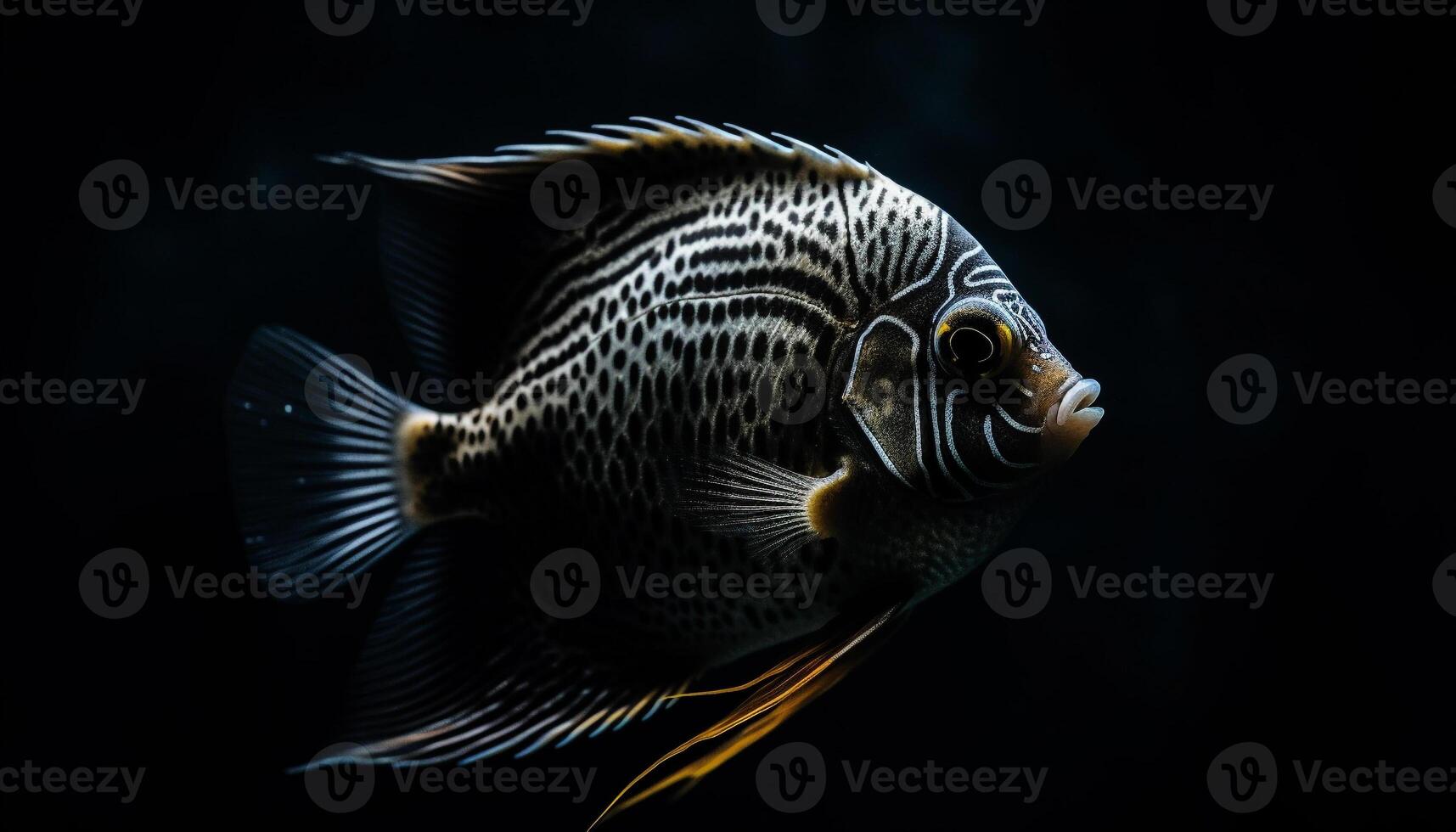 Striped zebra fish swims in tropical reef beauty in nature generated by AI photo